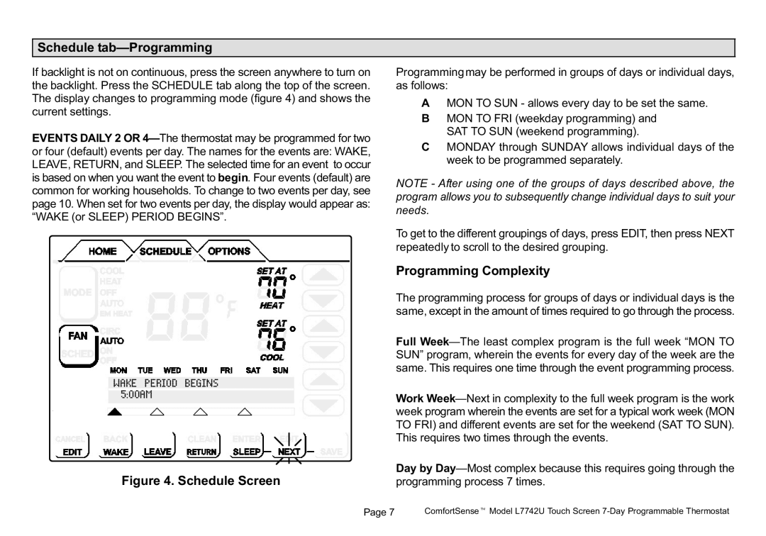 Lennox International Inc comfortsense 7000 series touch screen programmable thermostat, l7742u Schedule tab, Full WeekO 