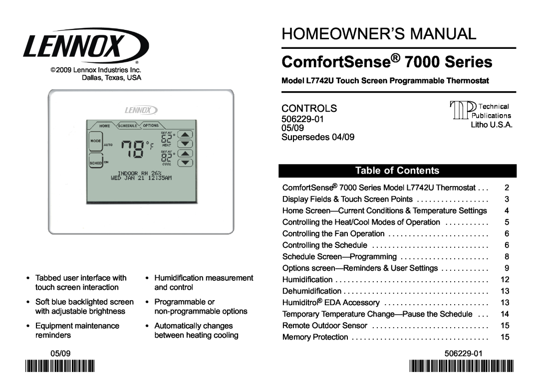 Lennox International Inc comfortsense 7000 series touch screen programmable thermostat owner manual Controls, 2P0509 