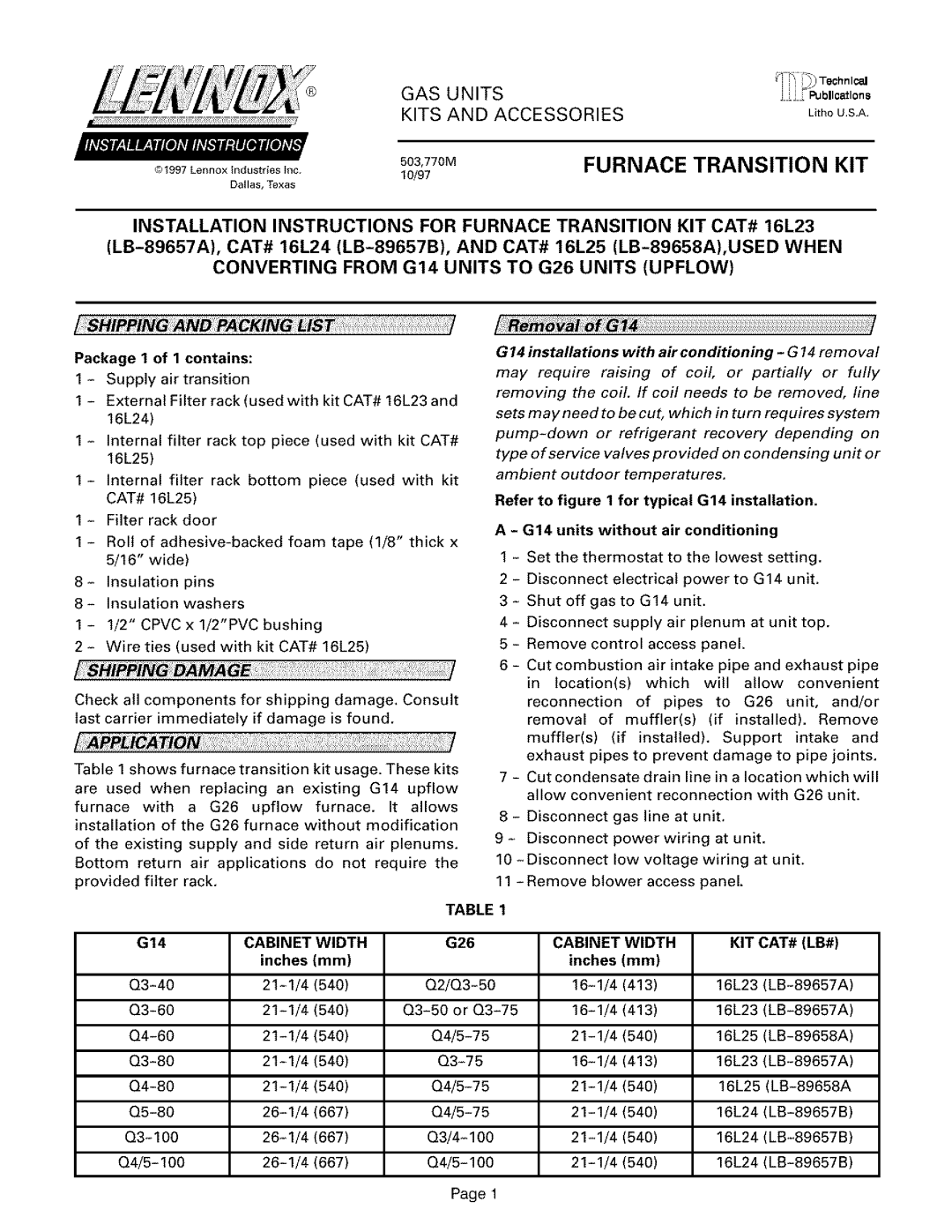 Lennox International Inc LB-89658A, LB-89657A, LB-89657B, 16L25 installation instructions Cabinet Width KIT CAT# LB# 