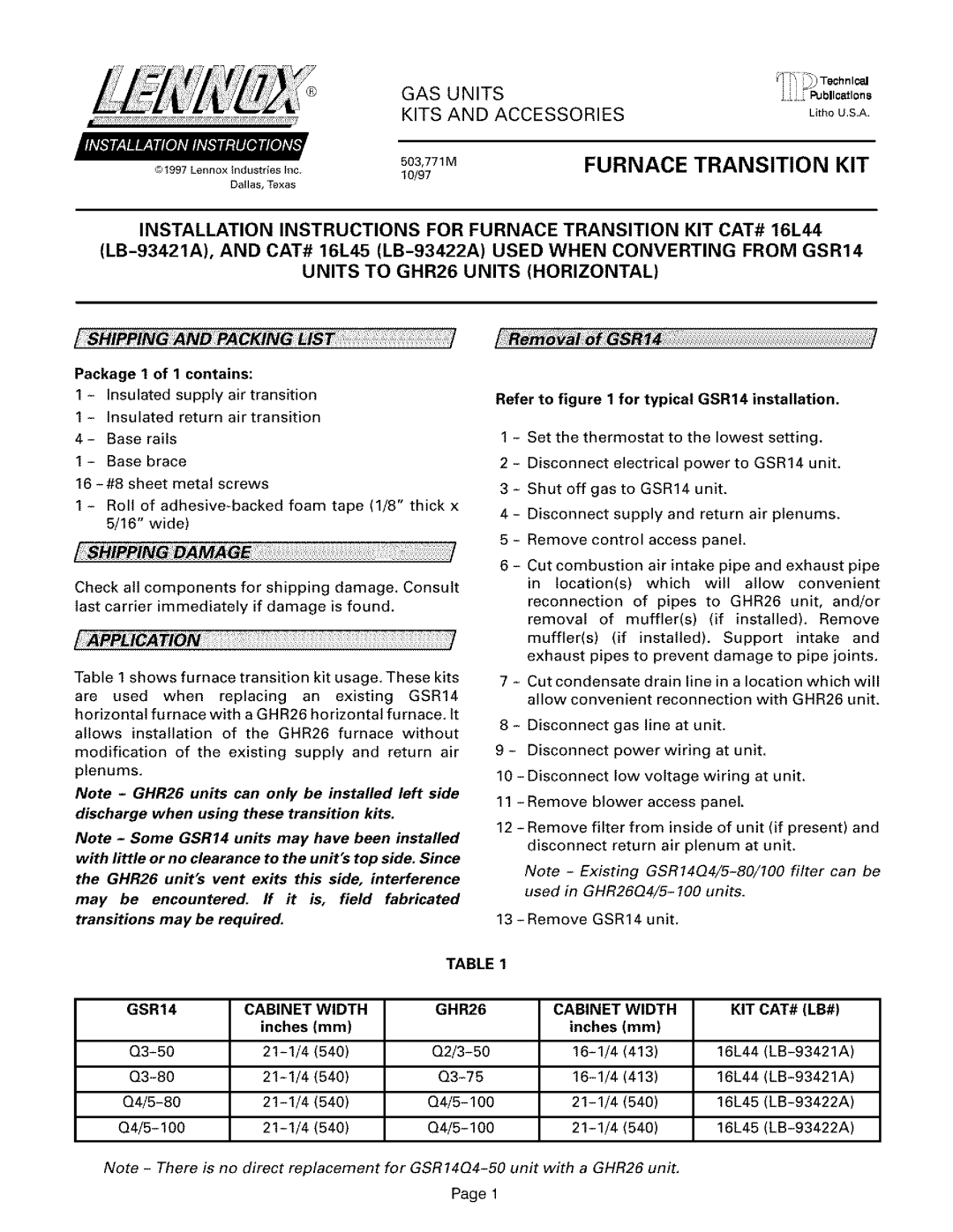 Lennox International Inc LB-93421A, LB-93422A, GSR14, 16L44, 16L45 installation instructions Furnace Transition Kit 