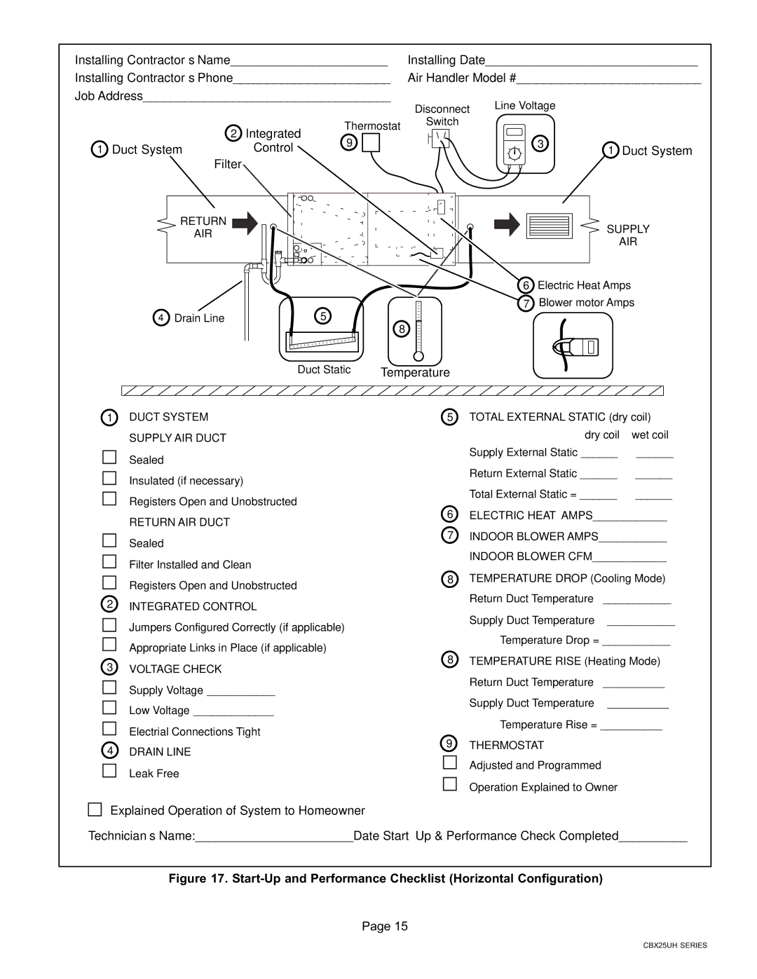 Lennox International Inc Merit CBX25UH Series Start-Up and Performance Checklist Horizontal Configuration 