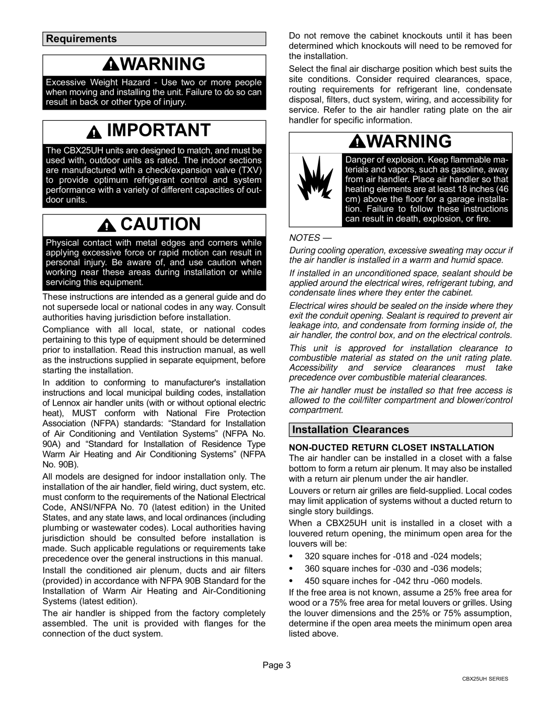 Lennox International Inc Merit CBX25UH Series, Lennox Air Handler Requirements, Installation Clearances 