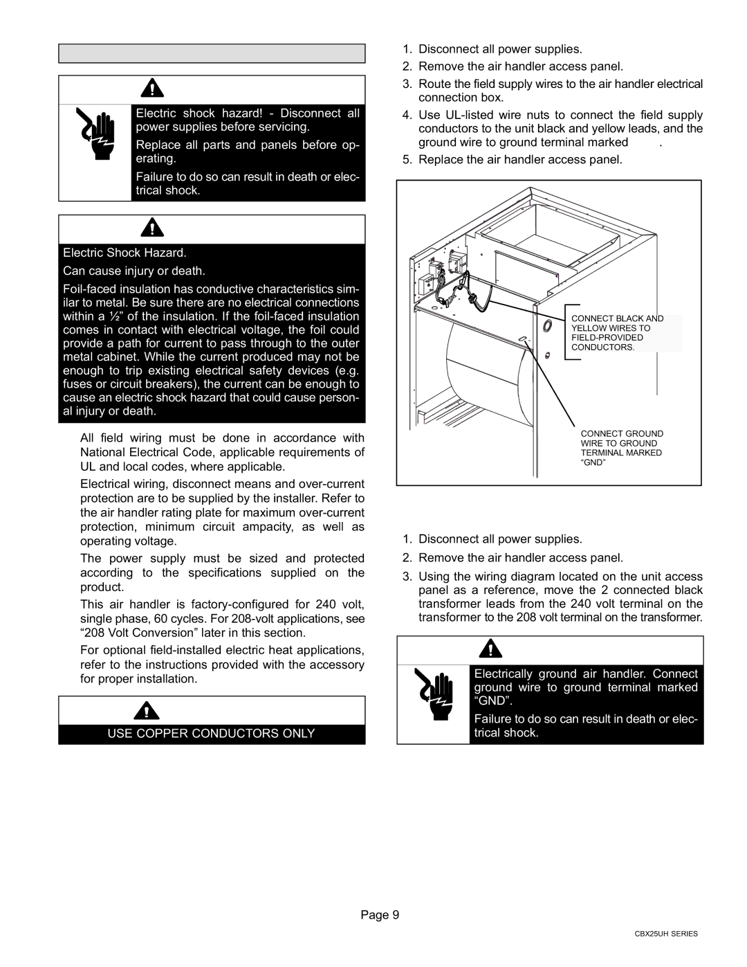 Lennox International Inc Merit CBX25UH Series, Lennox Air Handler Electrical Connections, Volt Conversion 