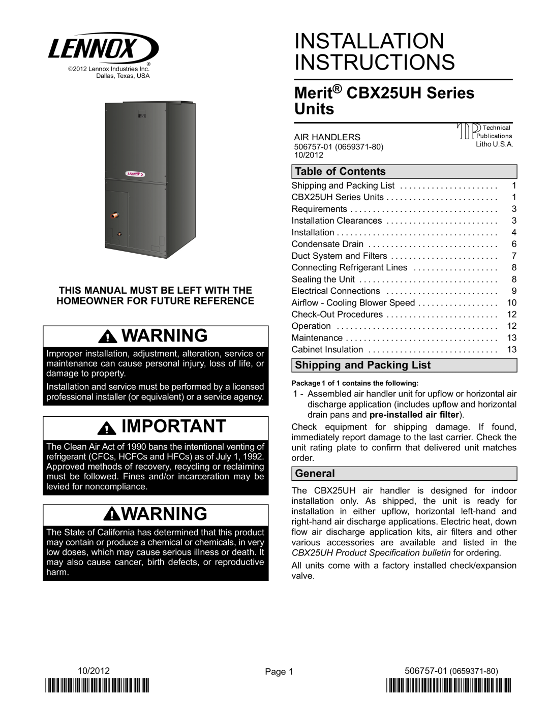 Lennox International Inc Merit CBX25UH Series installation instructions Table of Contents, Shipping and Packing List 