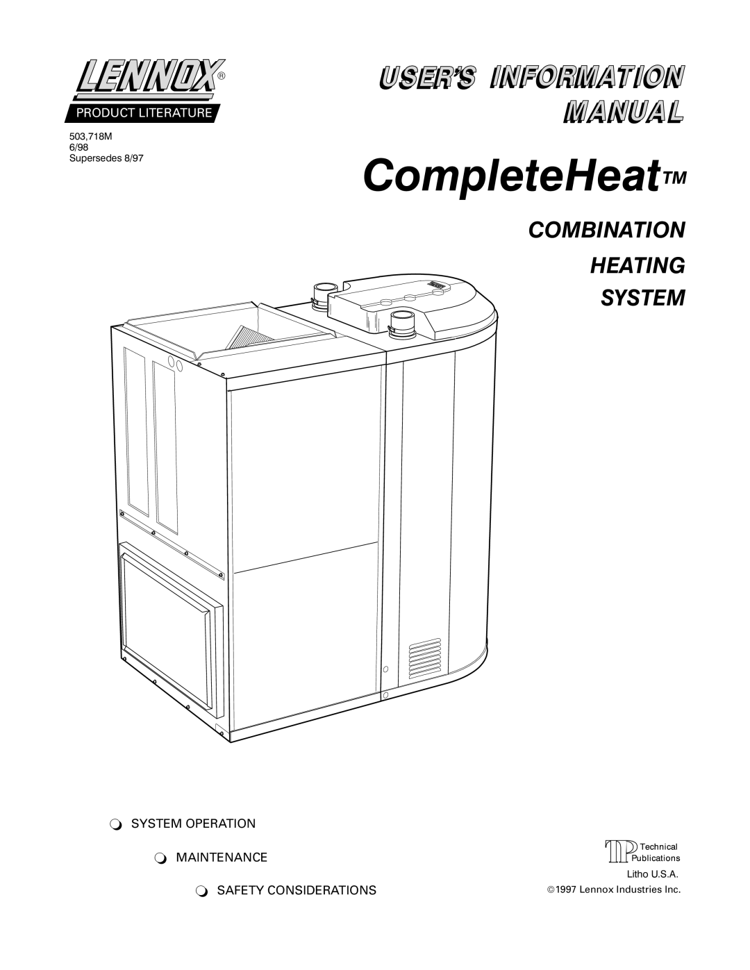 Lennox International Inc Lennox CompleteHeatTM COMBINATION HEATING SYSTEM manual 