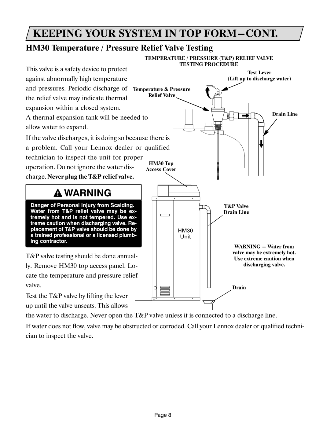 Lennox International Inc Lennox CompleteHeatTM COMBINATION HEATING SYSTEM HM30 Temperature / Pressure Relief Valve Testing 