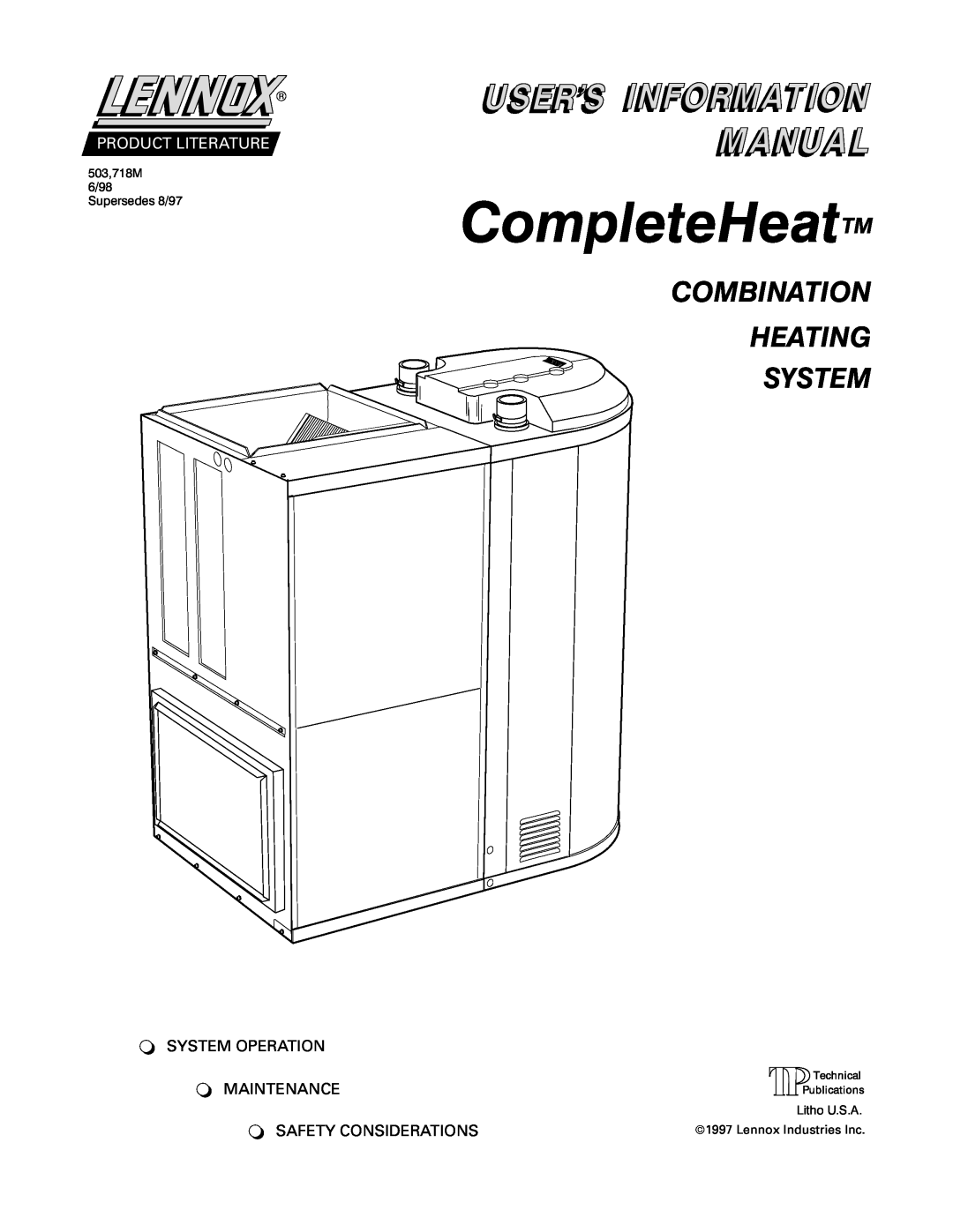 Lennox International Inc Lennox CompleteHeatTM COMBINATION HEATING SYSTEM manual Combination Heating System 