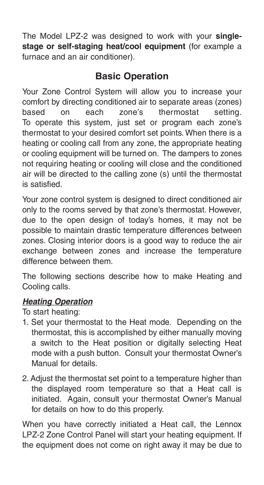 Lennox International Inc HVAC Zone Control, LZP-2 owner manual Basic Operation, Heating Operation 