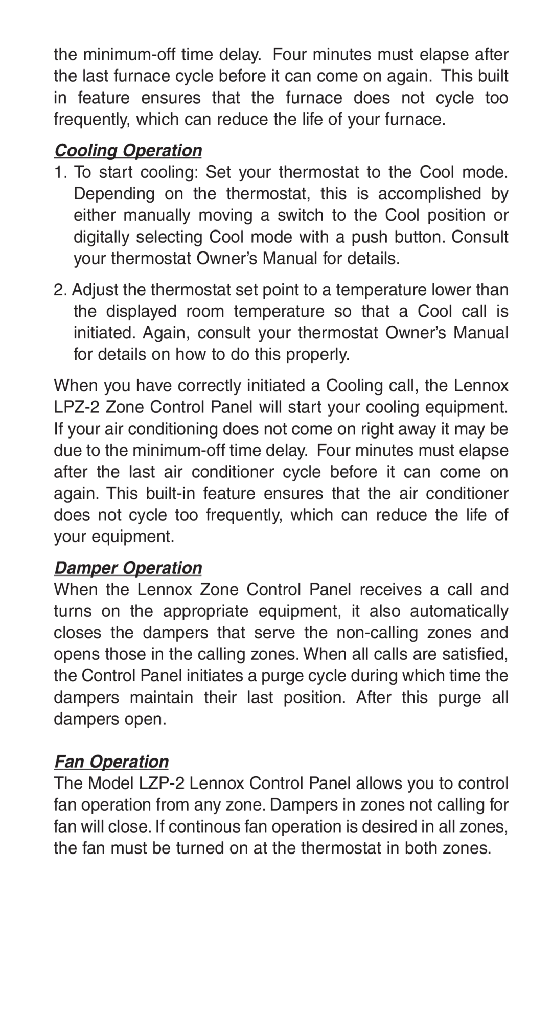 Lennox International Inc LZP-2, HVAC Zone Control owner manual Cooling Operation, Damper Operation, Fan Operation 