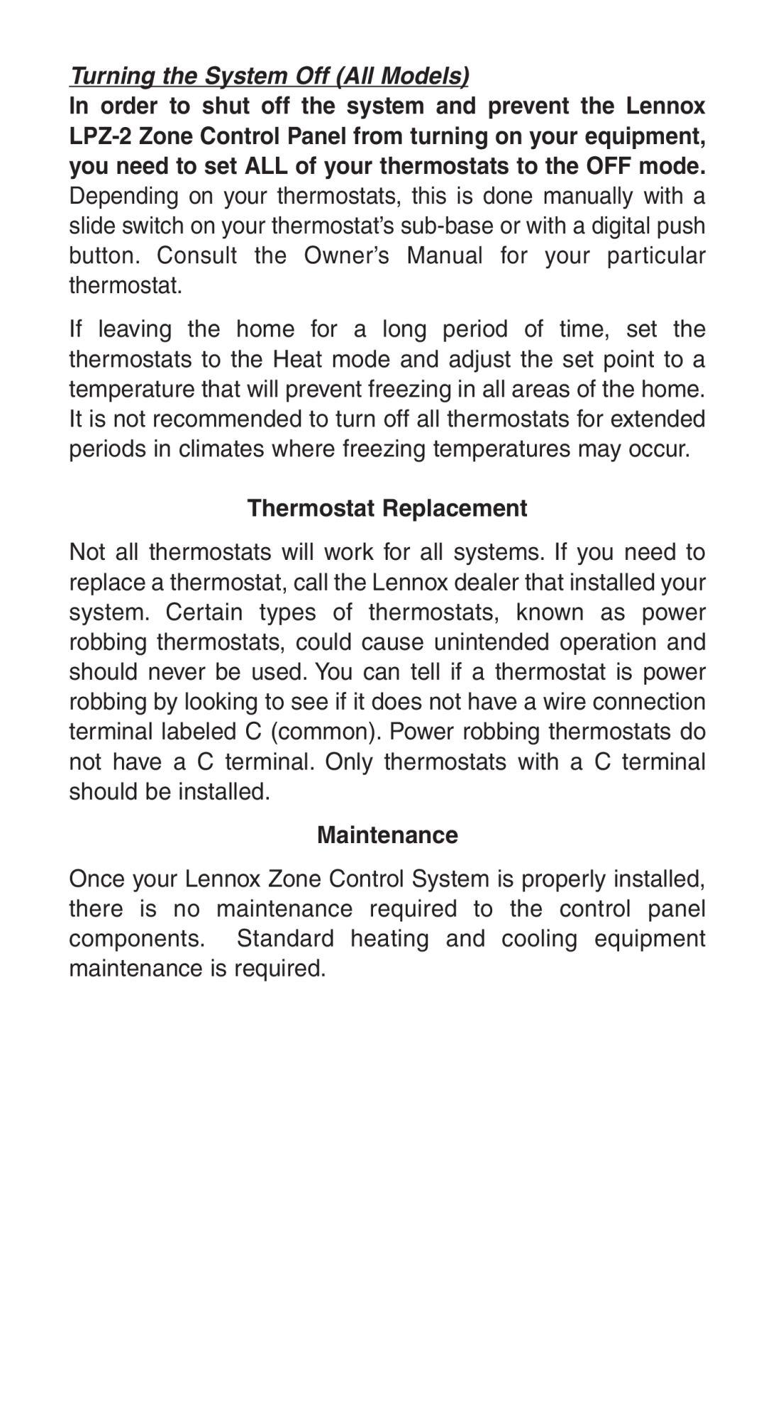 Lennox International Inc HVAC Zone Control, LZP-2 Turning the System Off All Models, Thermostat Replacement, Maintenance 