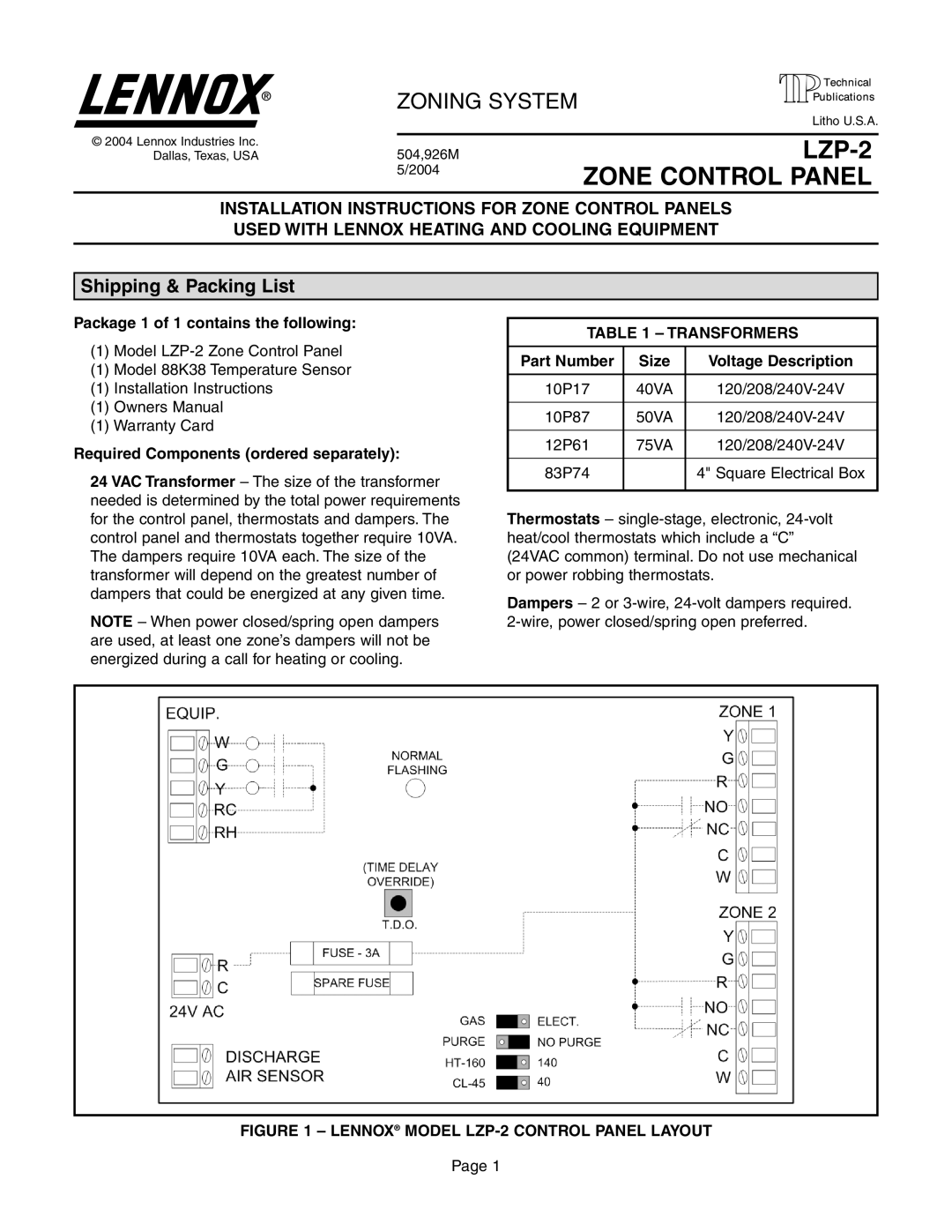 Lennox International Inc Zone Control Panel, LZP-2 installation instructions Shipping & Packing List, Transformers 