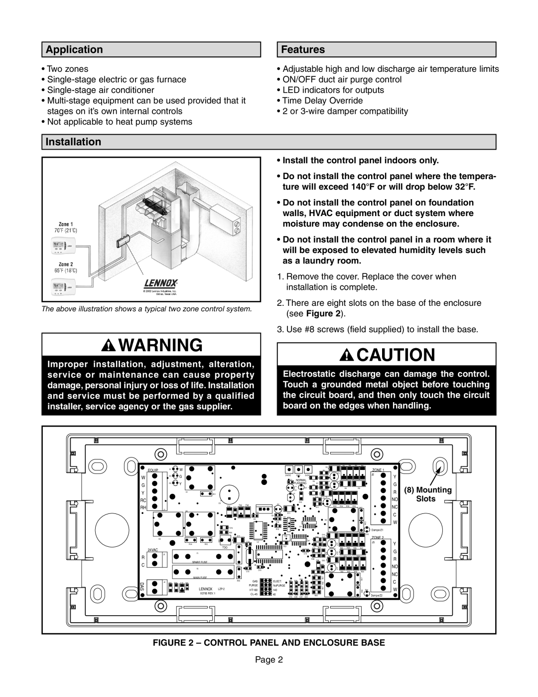 Lennox International Inc LZP-2, Zone Control Panel installation instructions Application, Features, Installation 