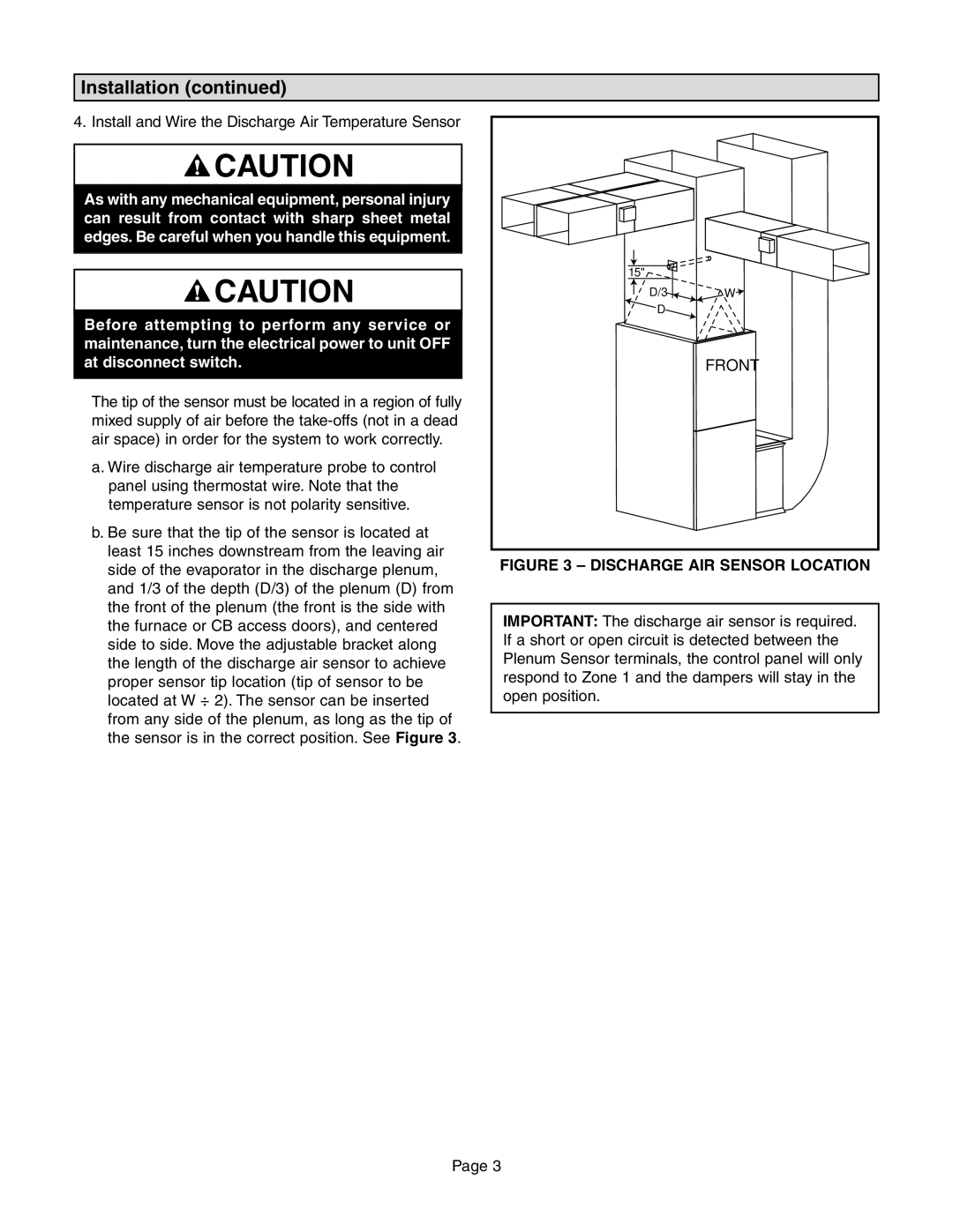 Lennox International Inc Zone Control Panel, LZP-2 installation instructions Discharge AIR Sensor Location 