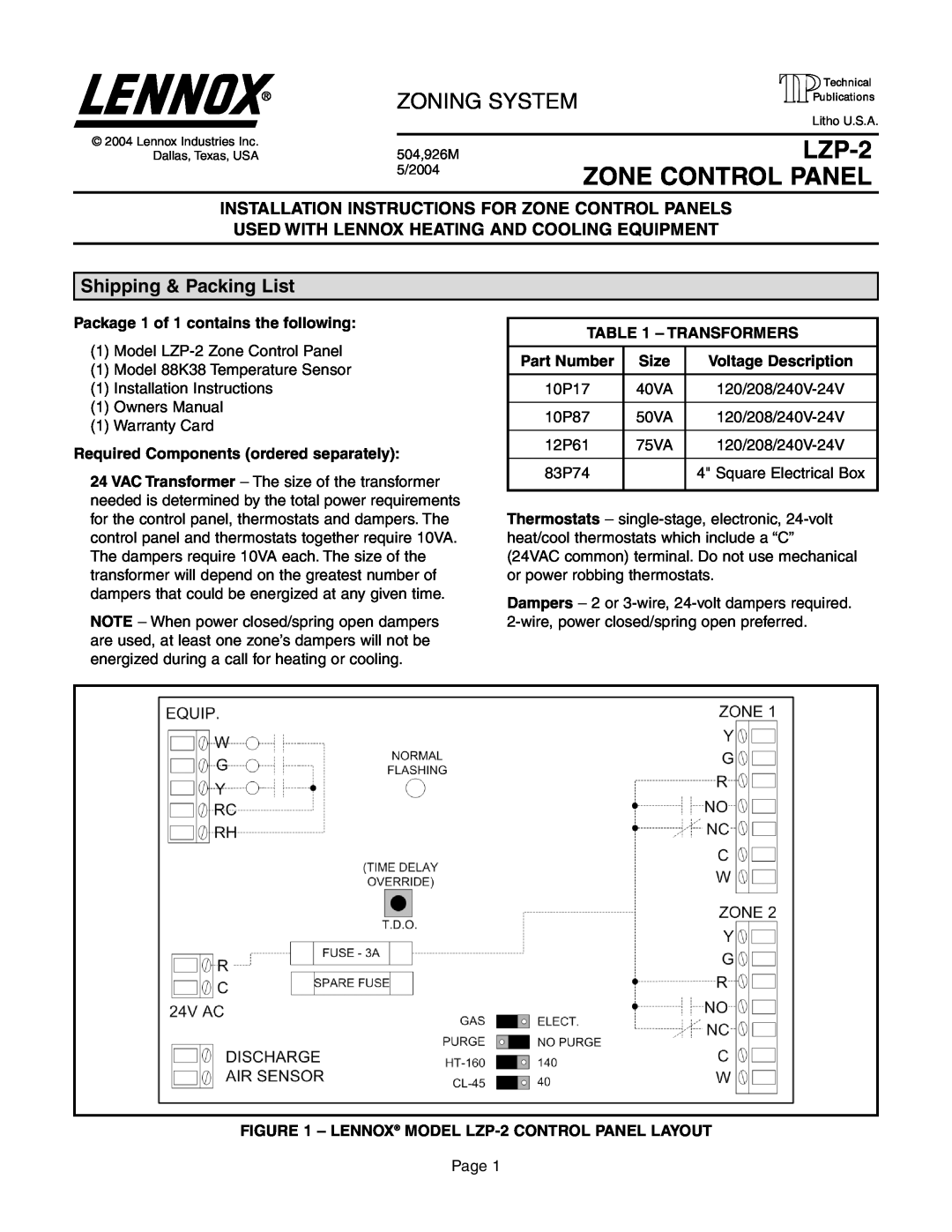 Lennox International Inc owner manual Lennox HVAC Zone Control Model LZP-2, 504,928M 