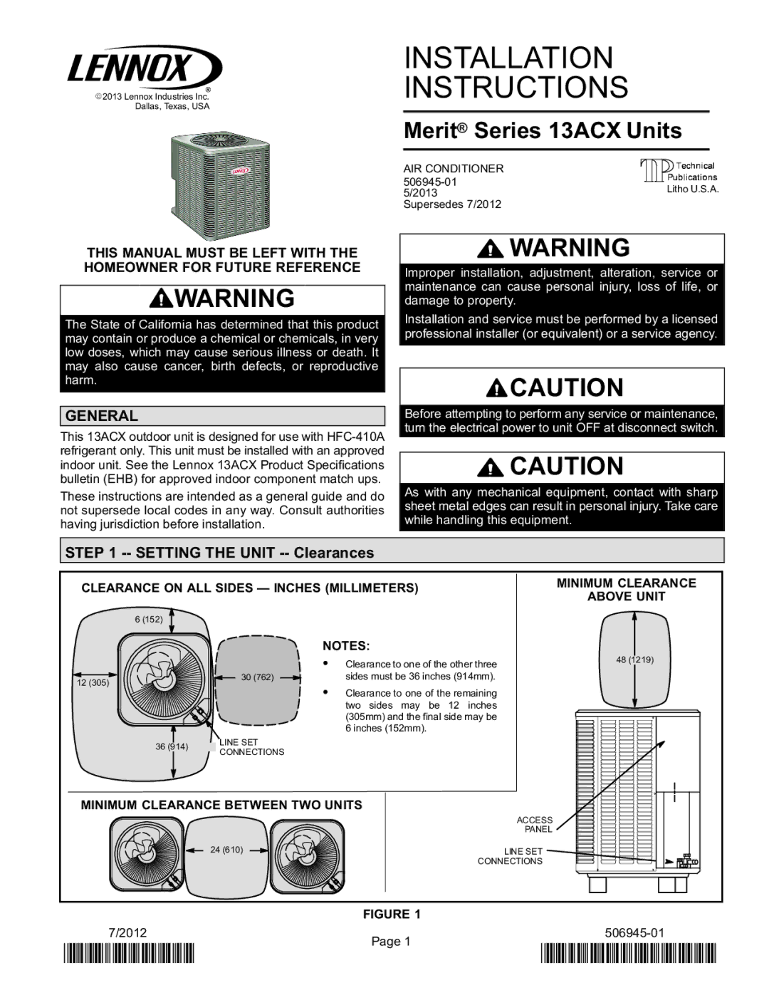 Lennox International Inc Merit Series Air Conditioner installation instructions General, Setting the Unit -- Clearances 