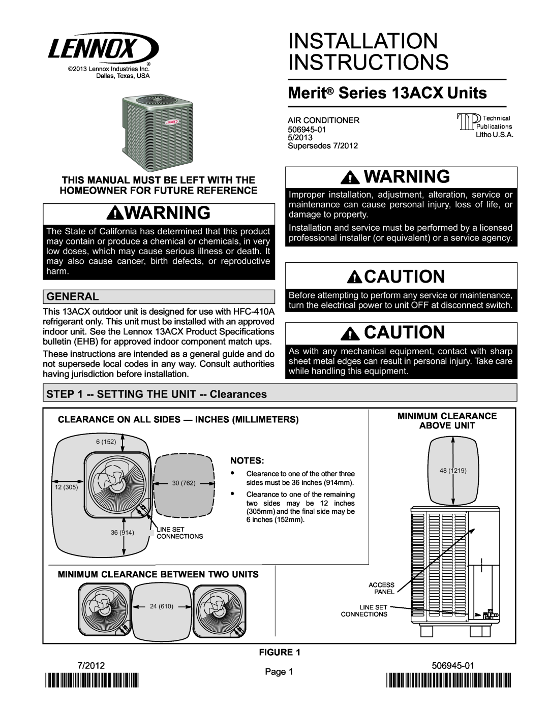 Lennox International Inc Merit Series Air Conditioner installation instructions General, SETTING THE UNIT --Clearances 