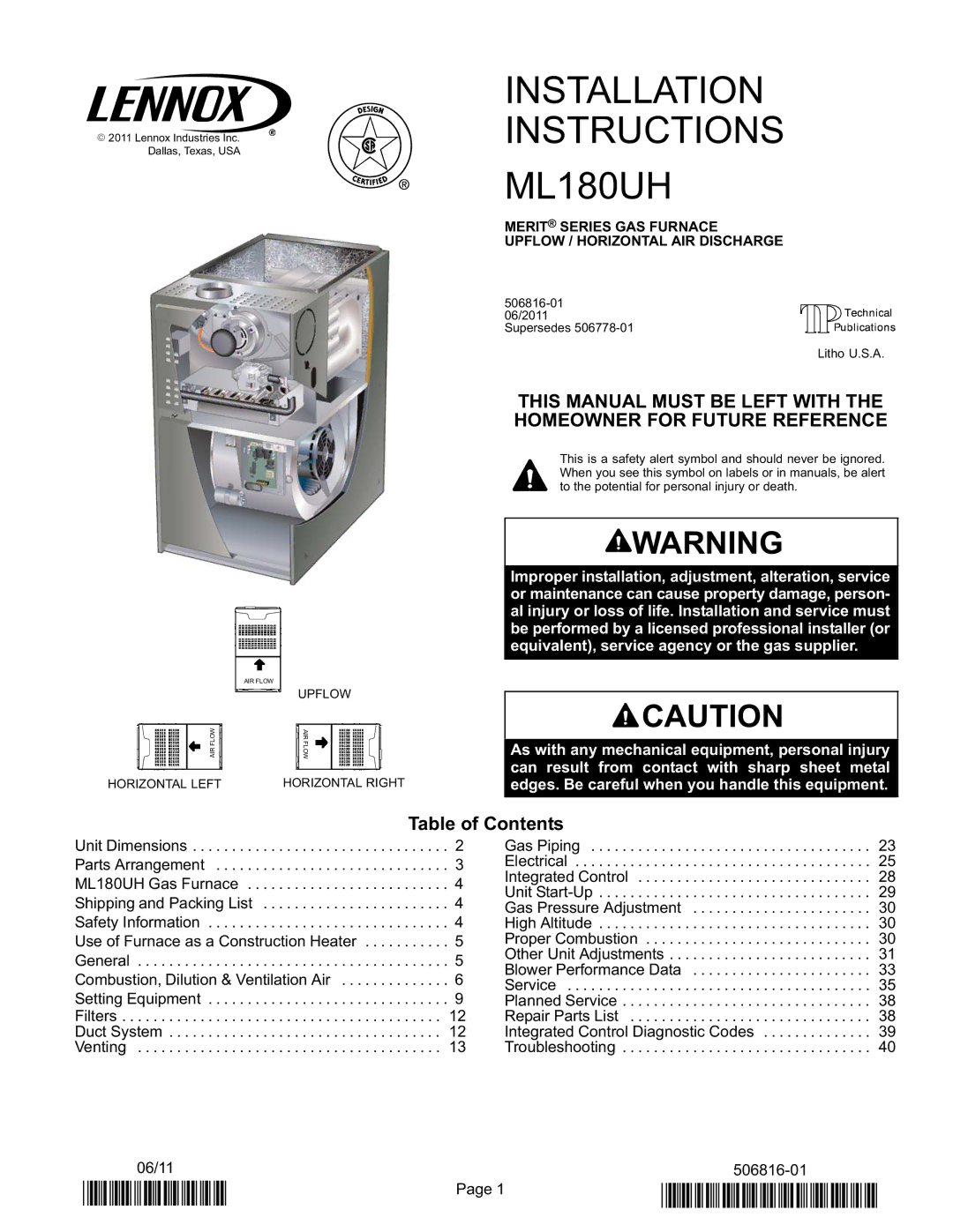 Lennox International Inc Merit Series Gas Furnace installation instructions Installation Instructions ML180UH 