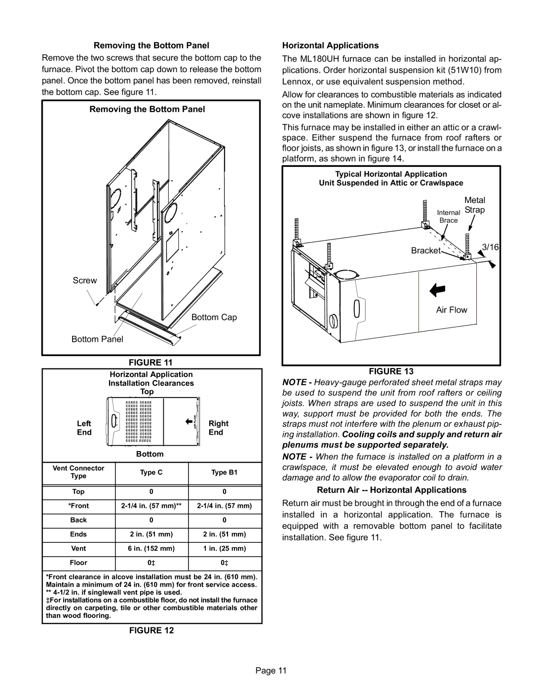 Lennox International Inc Merit Series Gas Furnace Horizontal Application Installation Clearances Top Left, Right 