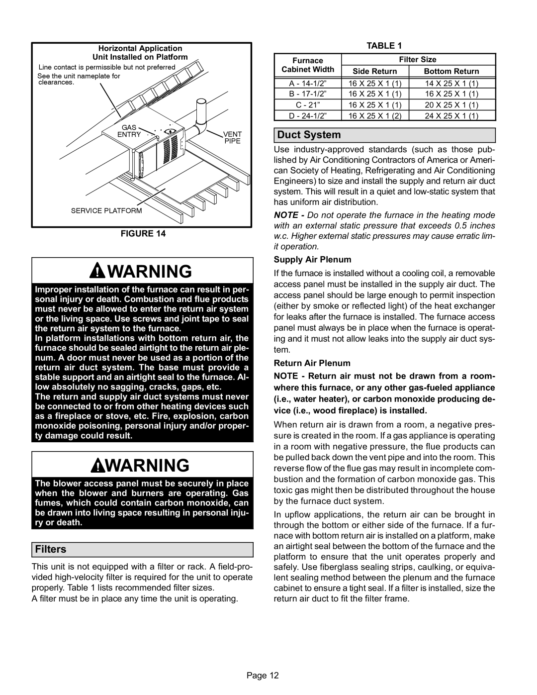 Lennox International Inc Merit Series Gas Furnace installation instructions Filters, Duct System 