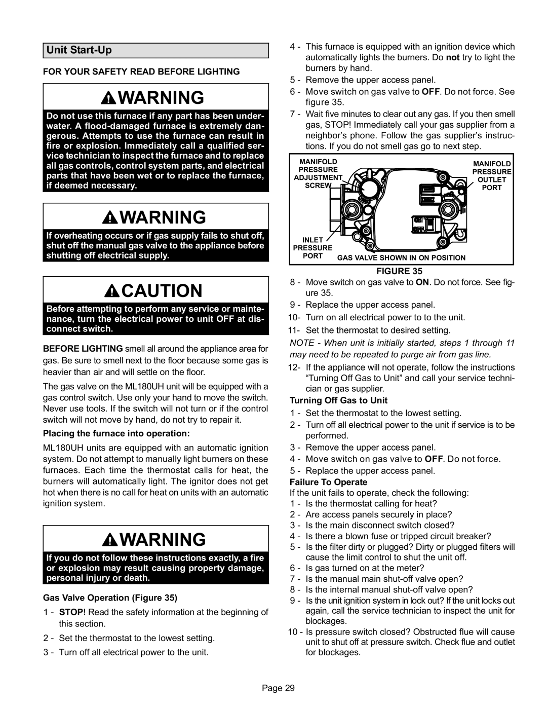 Lennox International Inc Merit Series Gas Furnace Unit Start−Up, For Your Safety Read Before Lighting 