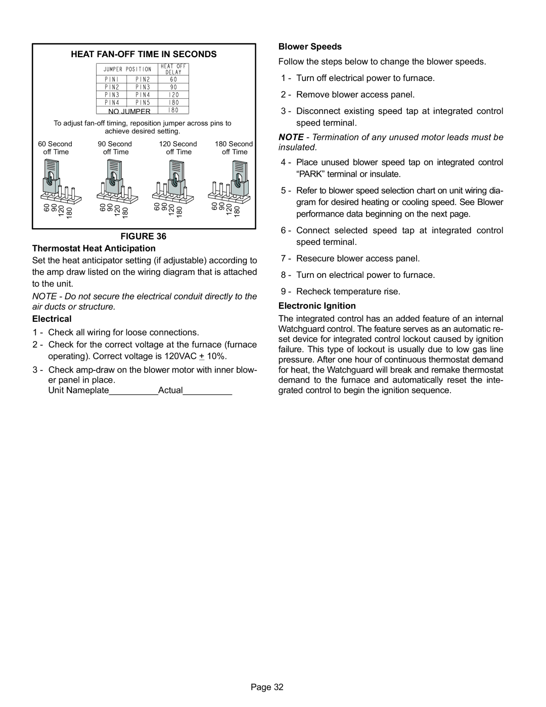 Lennox International Inc Merit Series Gas Furnace installation instructions Heat FAN-OFF Time in Seconds, No Jumper 