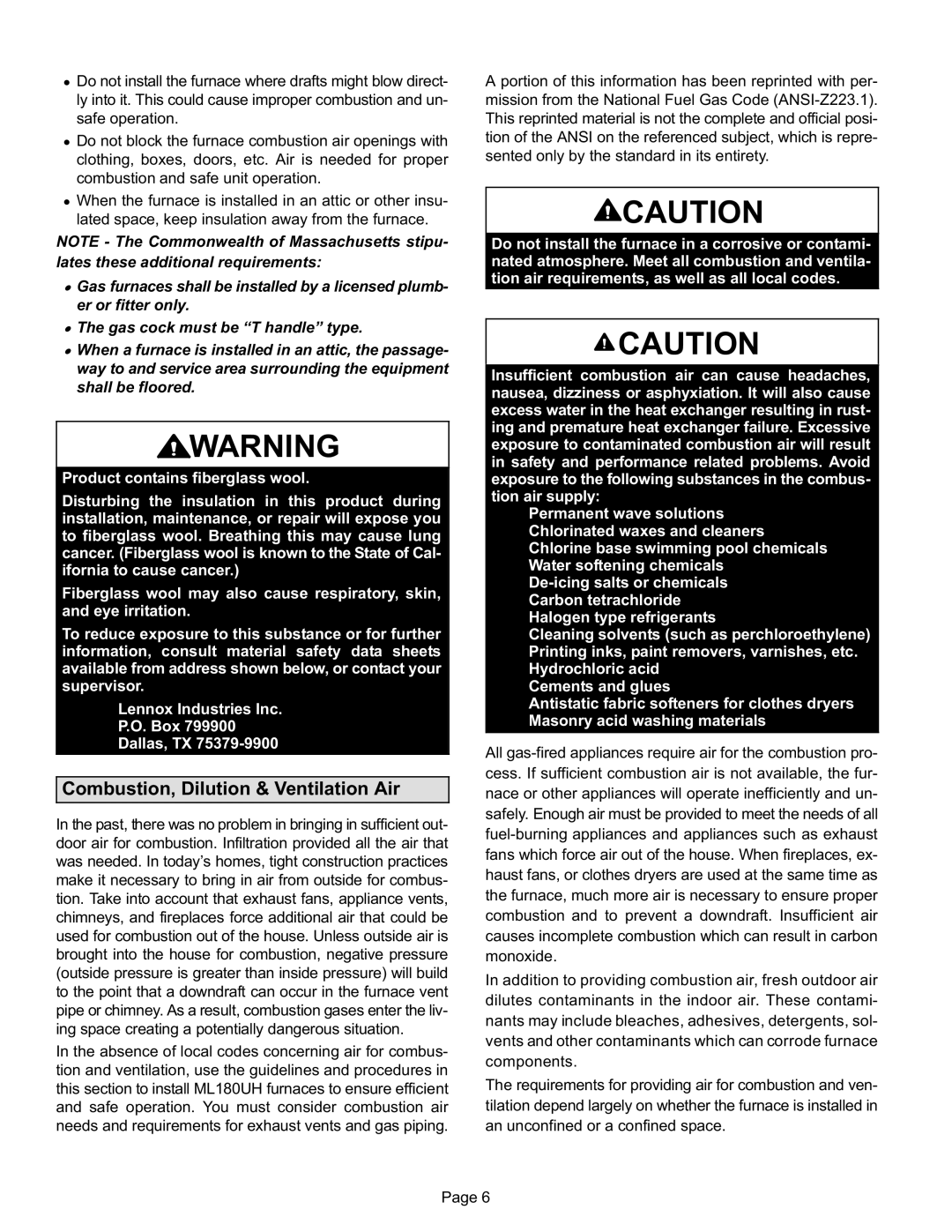 Lennox International Inc Merit Series Gas Furnace installation instructions Combustion, Dilution & Ventilation Air 