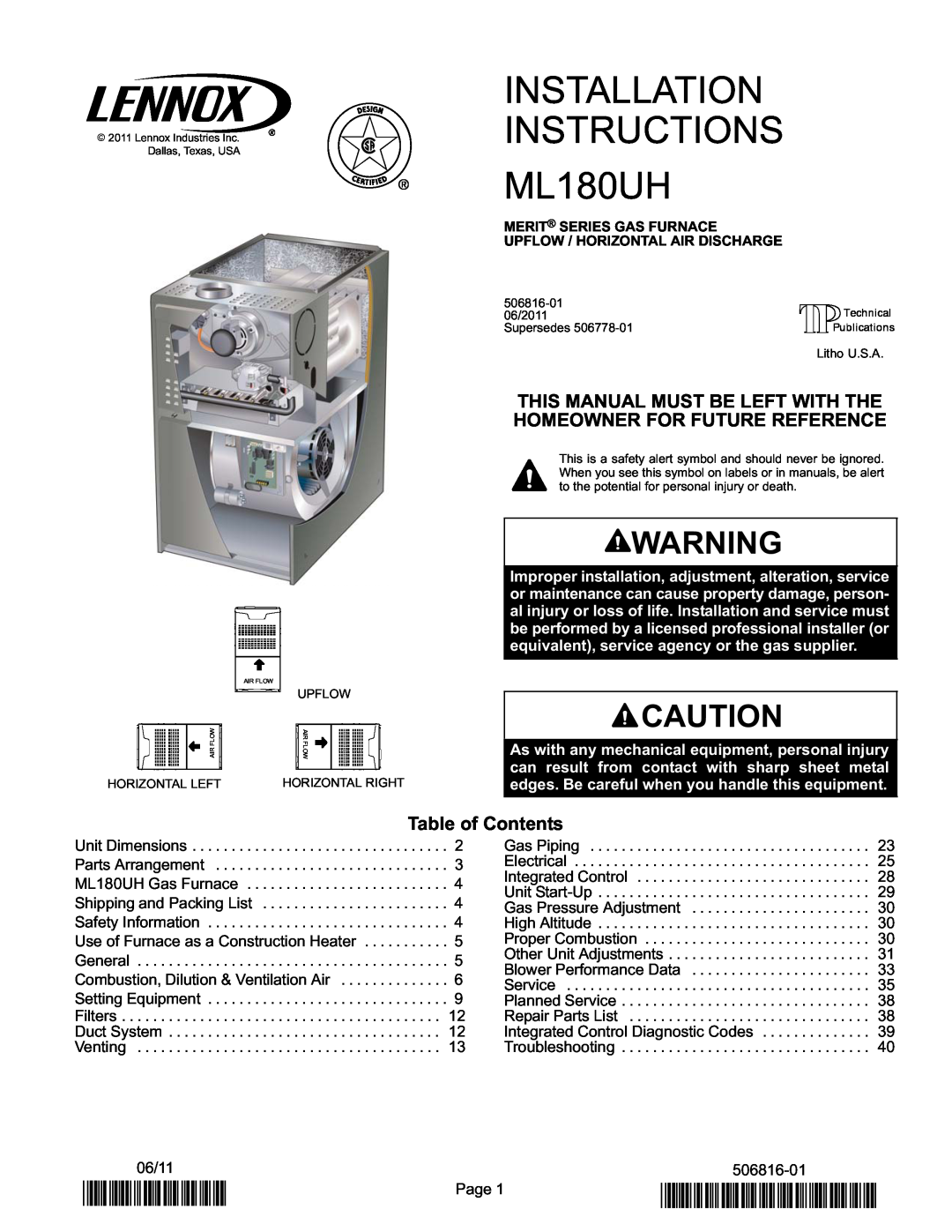 Lennox International Inc Merit Series Gas Furnace installation instructions Table of Contents, 2P0611, P506816-01 