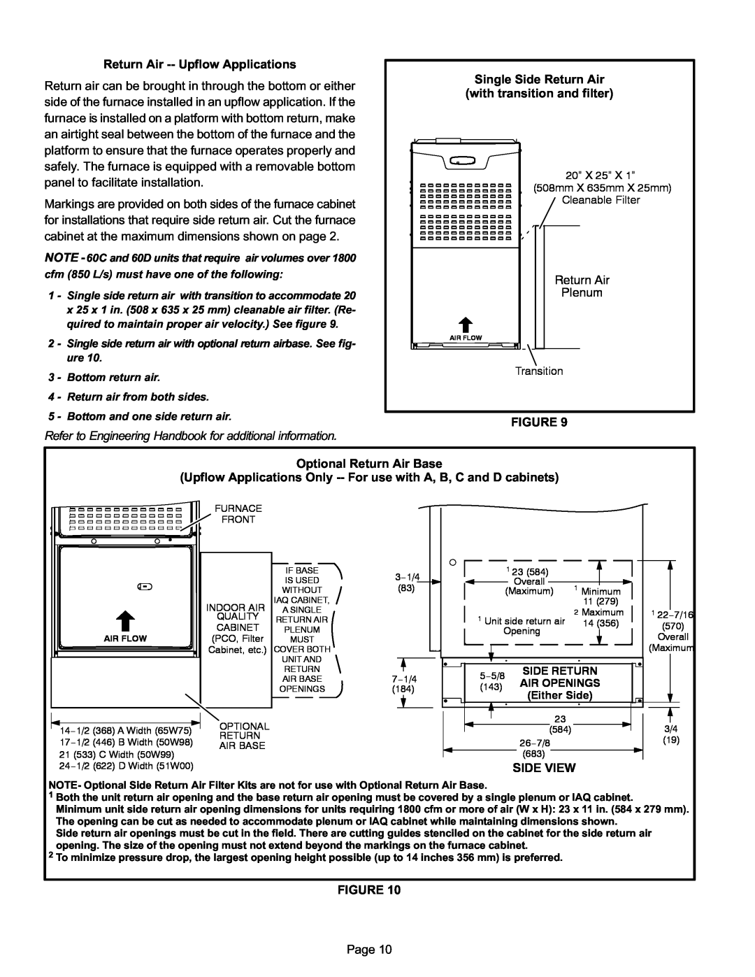 Lennox International Inc Merit Series Gas Furnace installation instructions Return Air −− Upflow Applications, Side View 