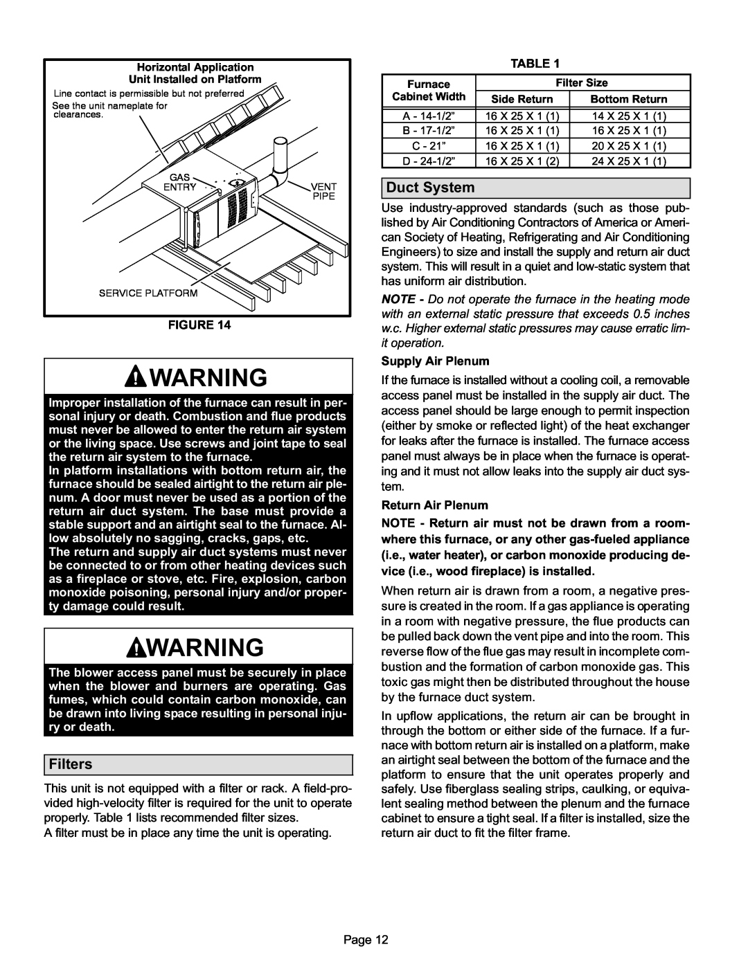 Lennox International Inc Merit Series Gas Furnace installation instructions Filters, Duct System 