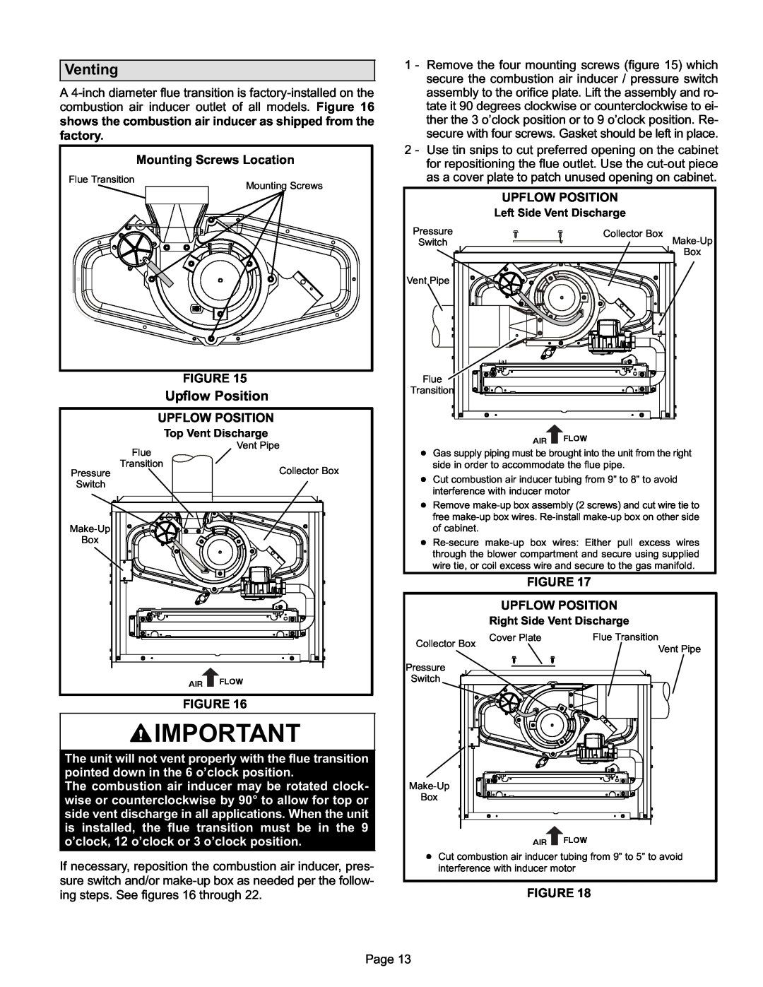 Lennox International Inc Merit Series Gas Furnace installation instructions Venting, Upflow Position 