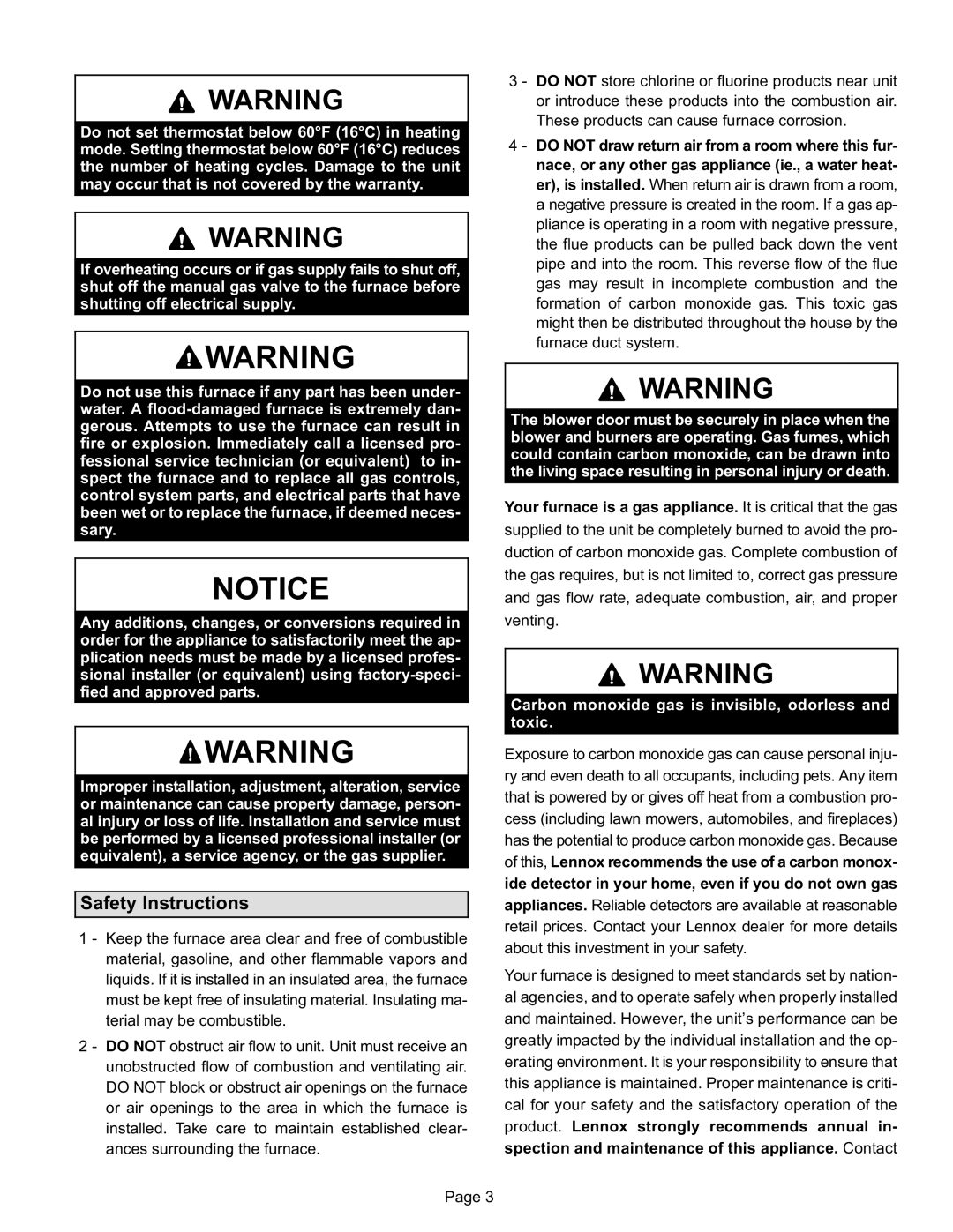 Lennox International Inc ML180DFE SERIES manual Safety Instructions, Carbon monoxide gas is invisible, odorless and toxic 