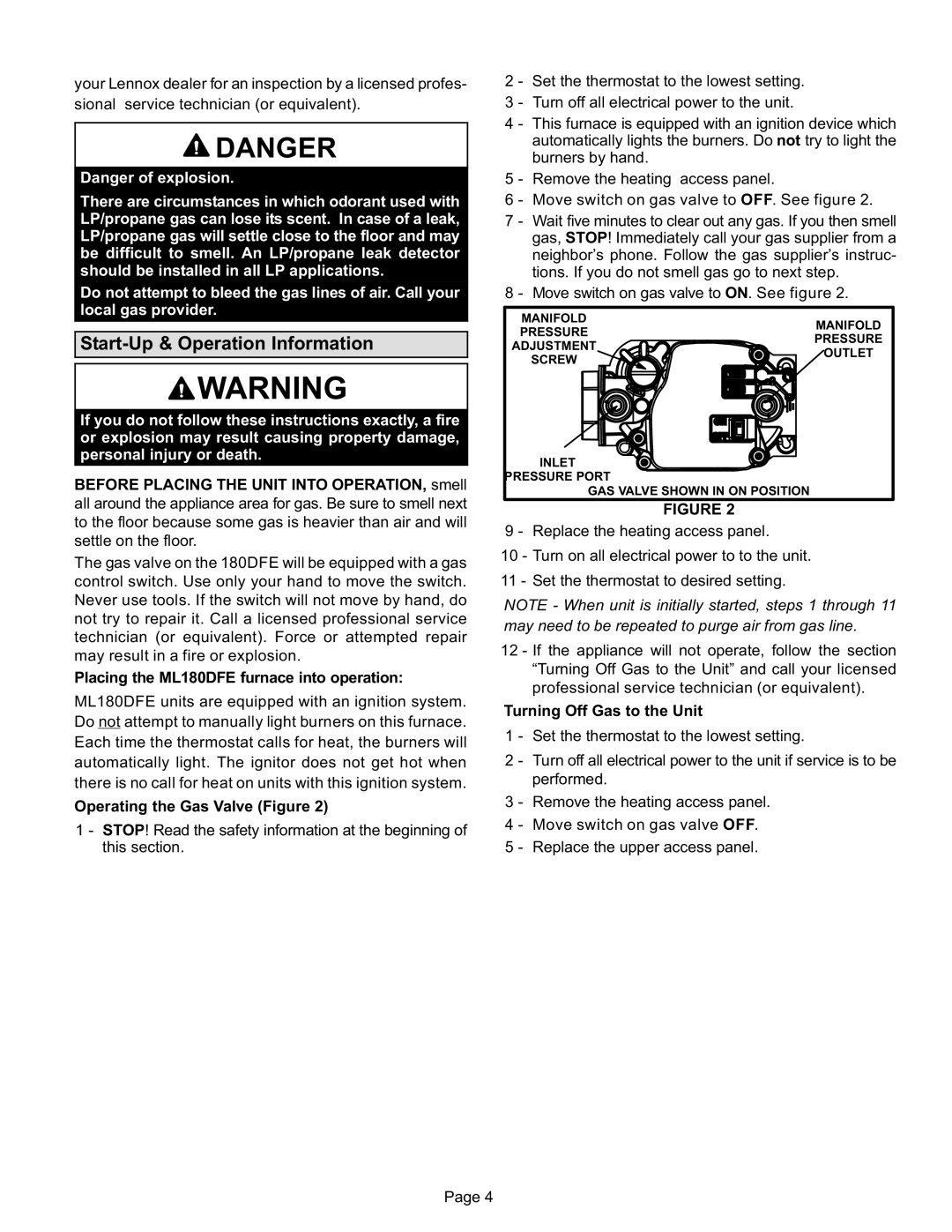 Lennox International Inc ML180DFE SERIES manual Start−Up & Operation Information 