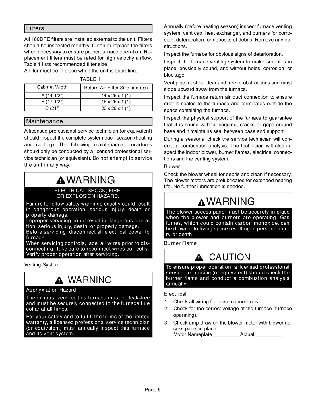 Lennox International Inc ML180DFE SERIES manual Filters, Maintenance 