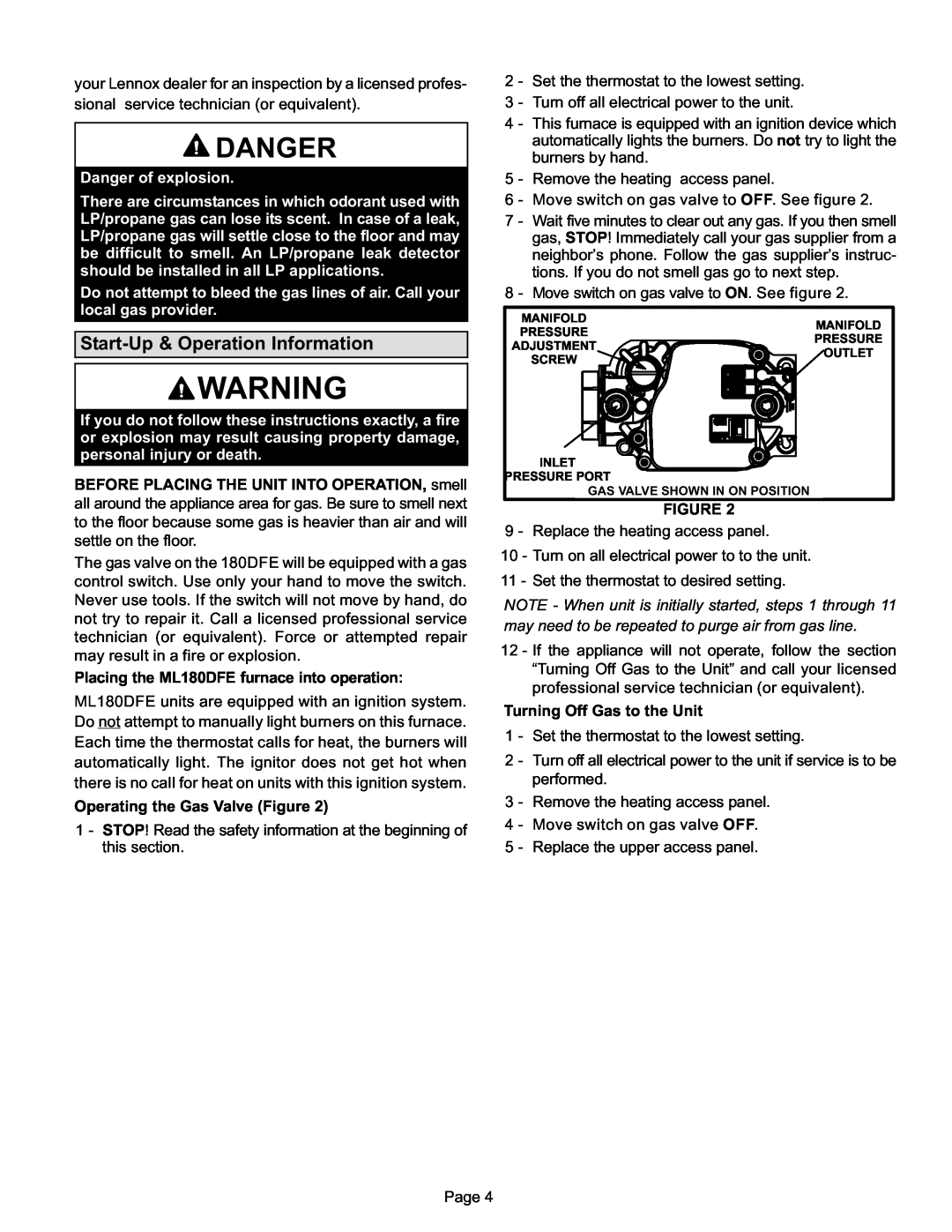 Lennox International Inc ML180DFE SERIES manual Danger, Start−Up & Operation Information 