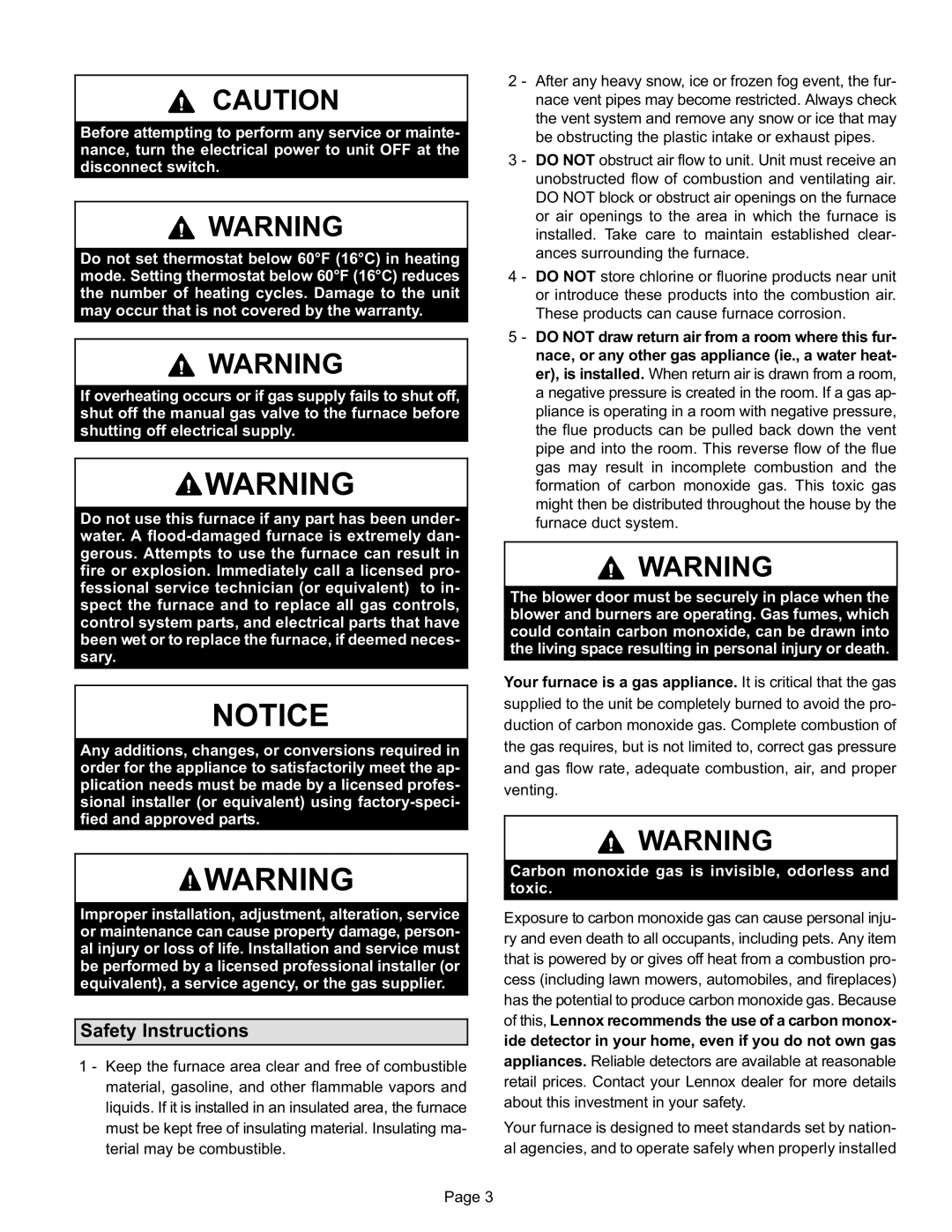 Lennox International Inc LENOX GAS FURNACE manual Safety Instructions, Carbon monoxide gas is invisible, odorless and toxic 