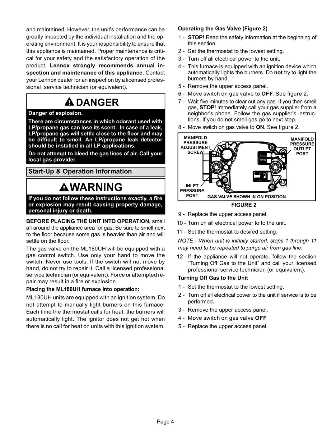 Lennox International Inc ML180UH Start−Up & Operation Information, If you do not follow these instructions exactly, a fire 