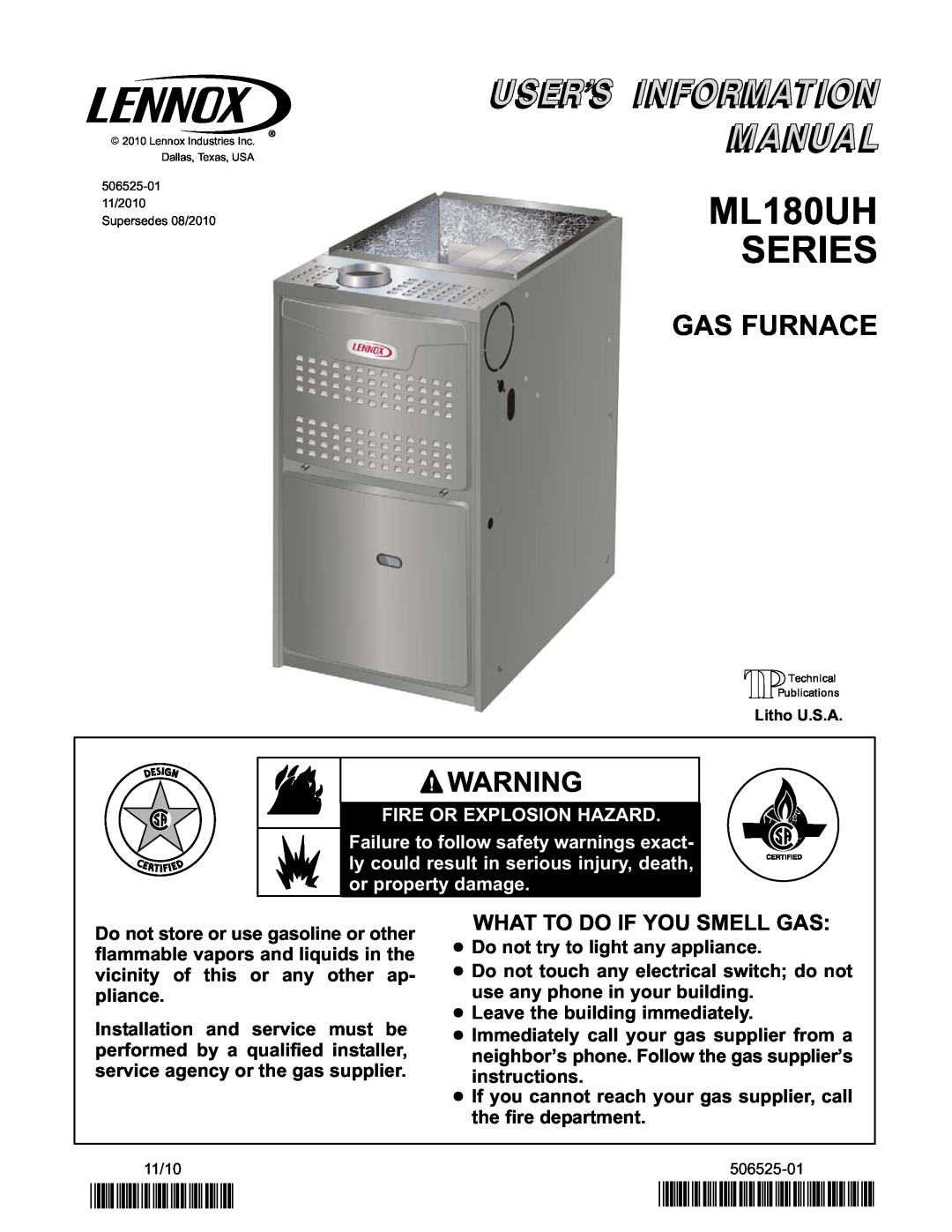 Lennox International Inc LENOX GAS FURNACE manual Gas Furnace, ML180UH SERIES, 2P1110, P506525-01 