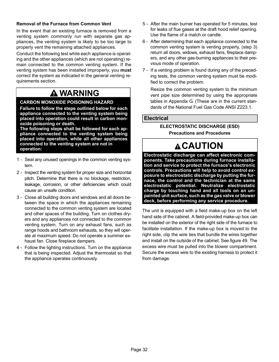 Lennox International Inc ML193DF Electrical, Electrostatic Discharge ESD, Precautions and Procedures 