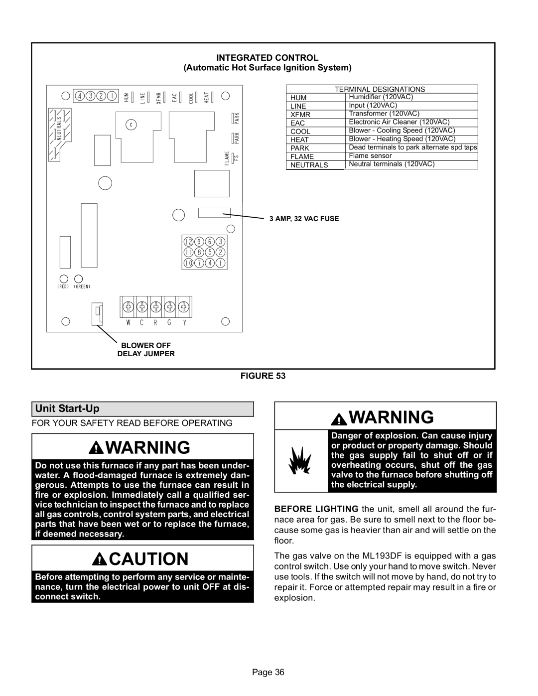 Lennox International Inc ML193DF Unit Start−Up, Integrated Control, Automatic Hot Surface Ignition System 