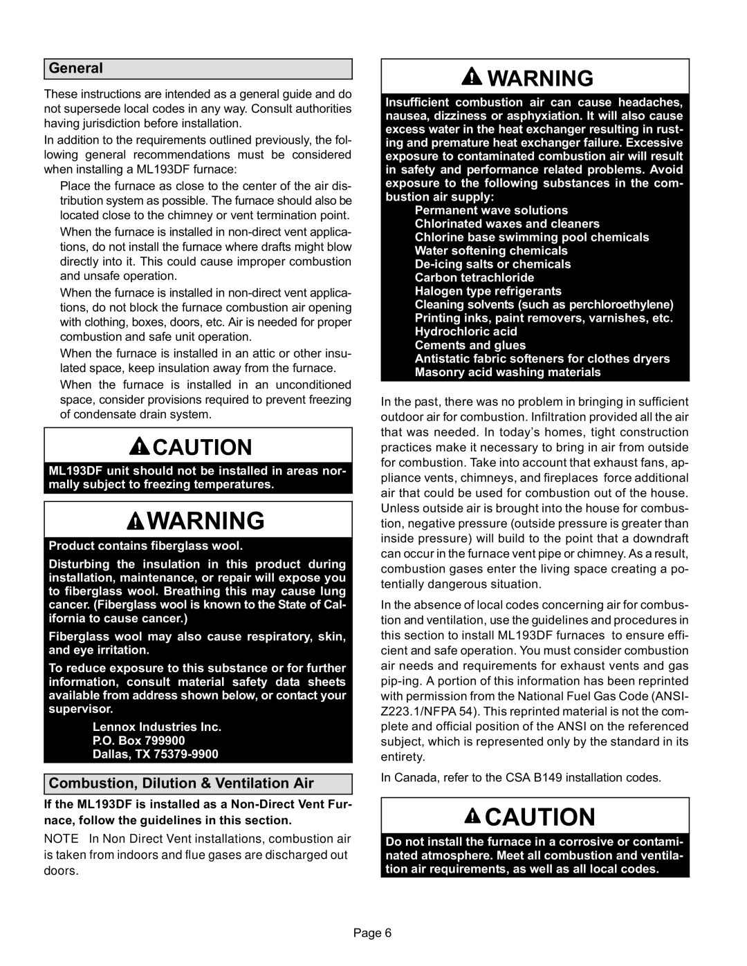 Lennox International Inc ML193DF installation instructions General, Combustion, Dilution & Ventilation Air 