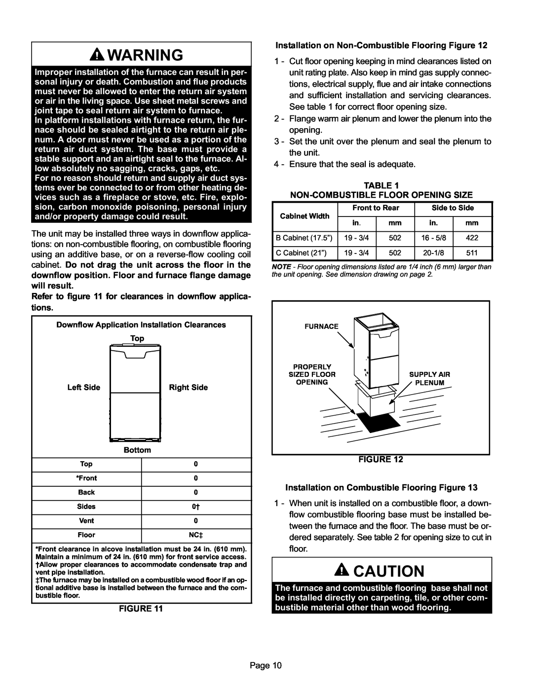 Lennox International Inc ML193DF installation instructions Installation on Non−Combustible Flooring Figure 