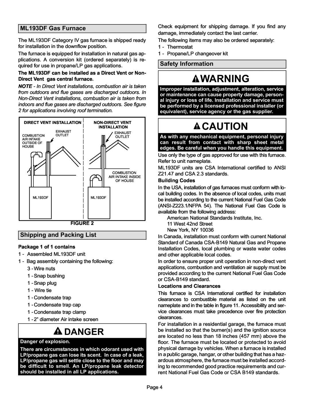 Lennox International Inc Danger, ML193DF Gas Furnace, Shipping and Packing List, Safety Information 