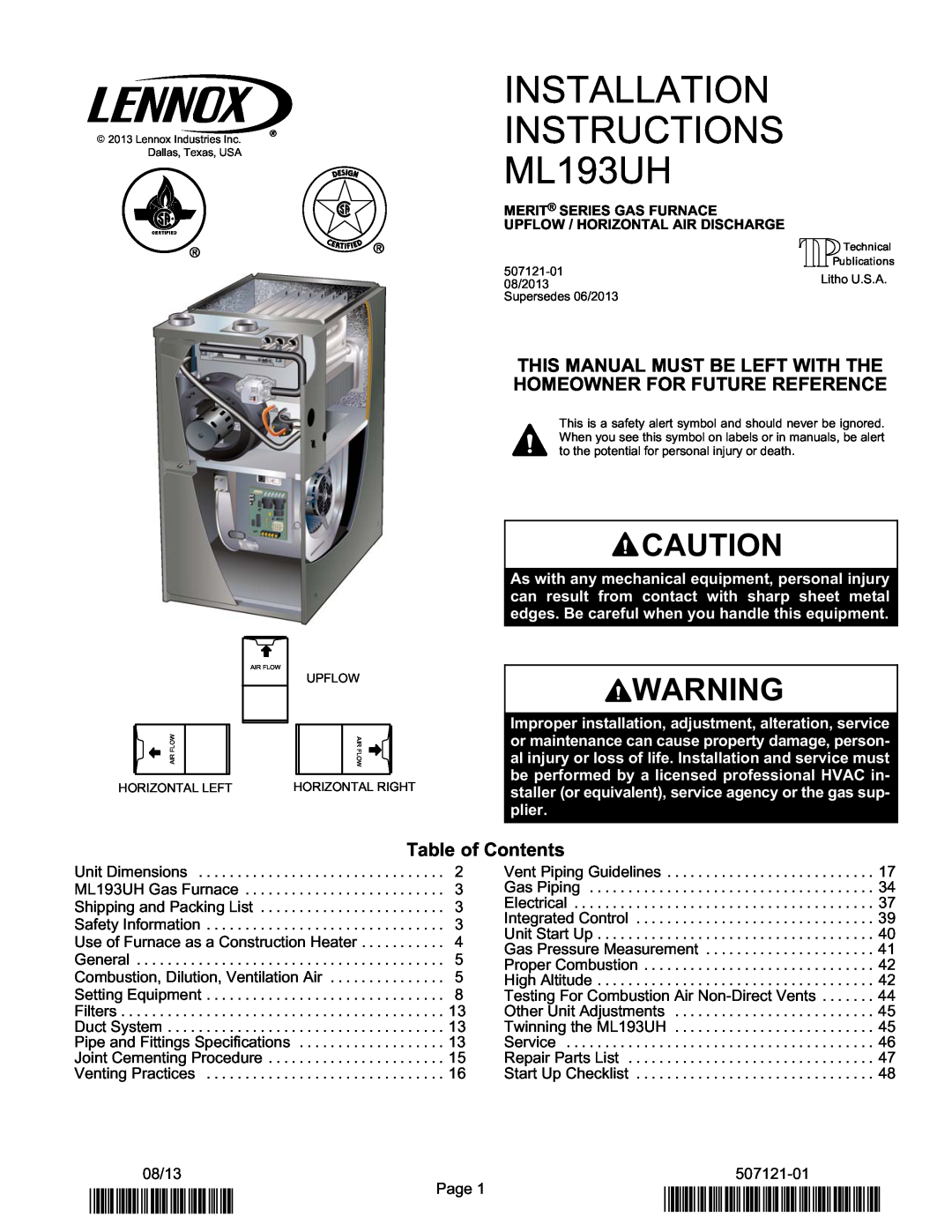 Lennox International Inc Lennox Merit Series Gas Furnace Upflow/Horizontal Air Discharge installation instructions 2P0813 