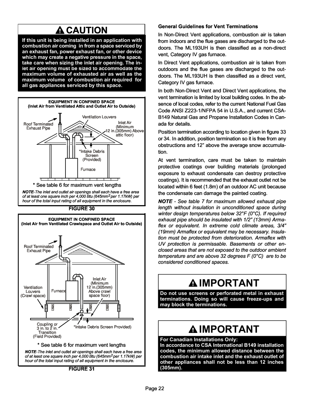 Lennox International Inc ML193UH General Guidelines for Vent Terminations, For Canadian Installations Only 