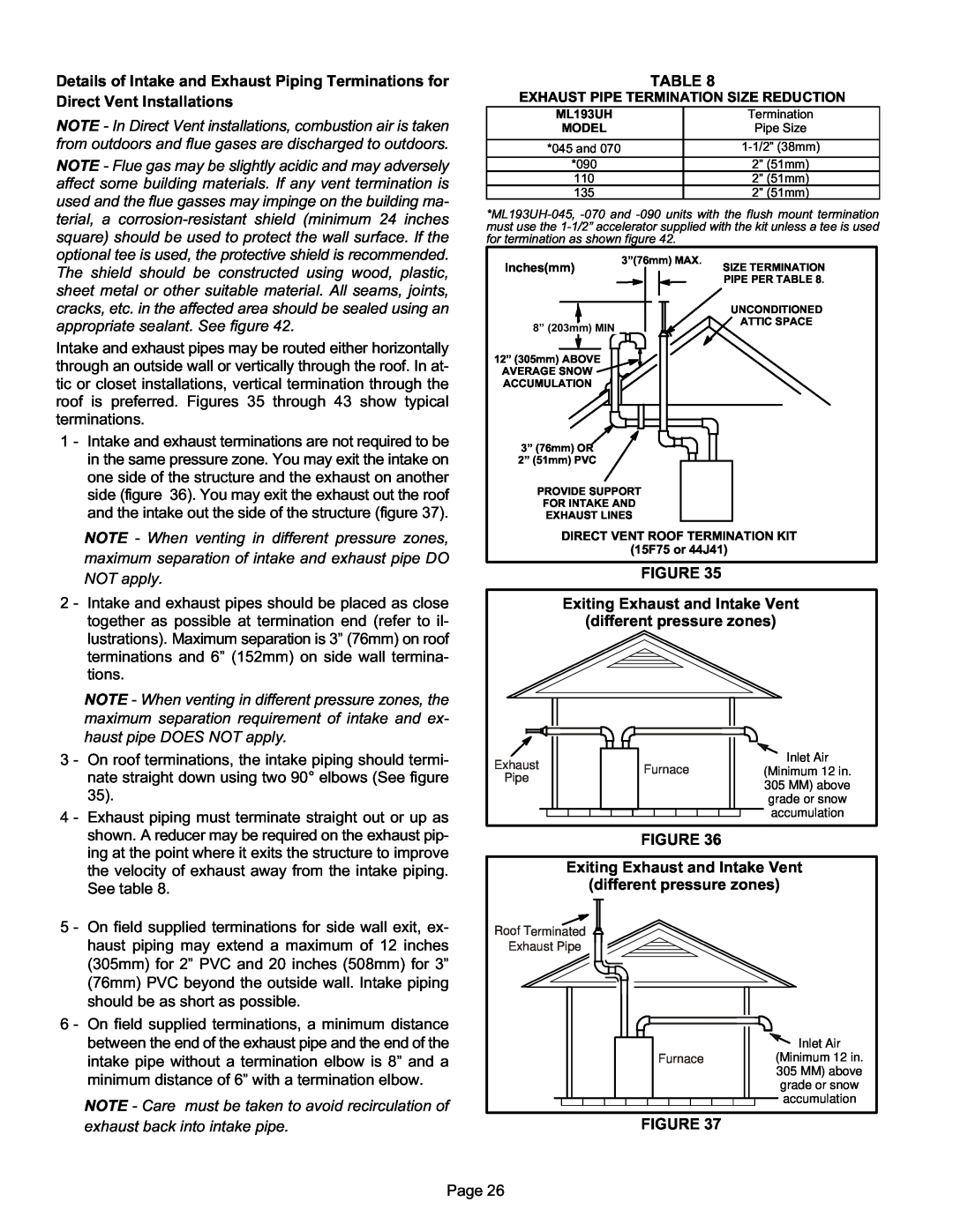 Lennox International Inc ML193UH installation instructions FIGURE Exiting Exhaust and Intake Vent, different pressure zones 