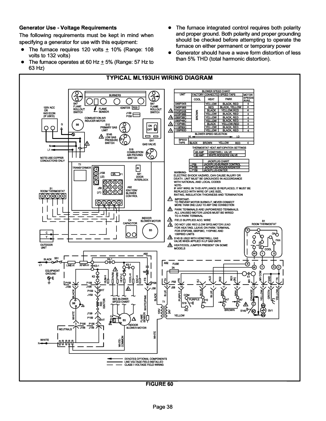 Lennox International Inc installation instructions TYPICAL ML193UH WIRING DIAGRAM, Generator Use - Voltage Requirements 
