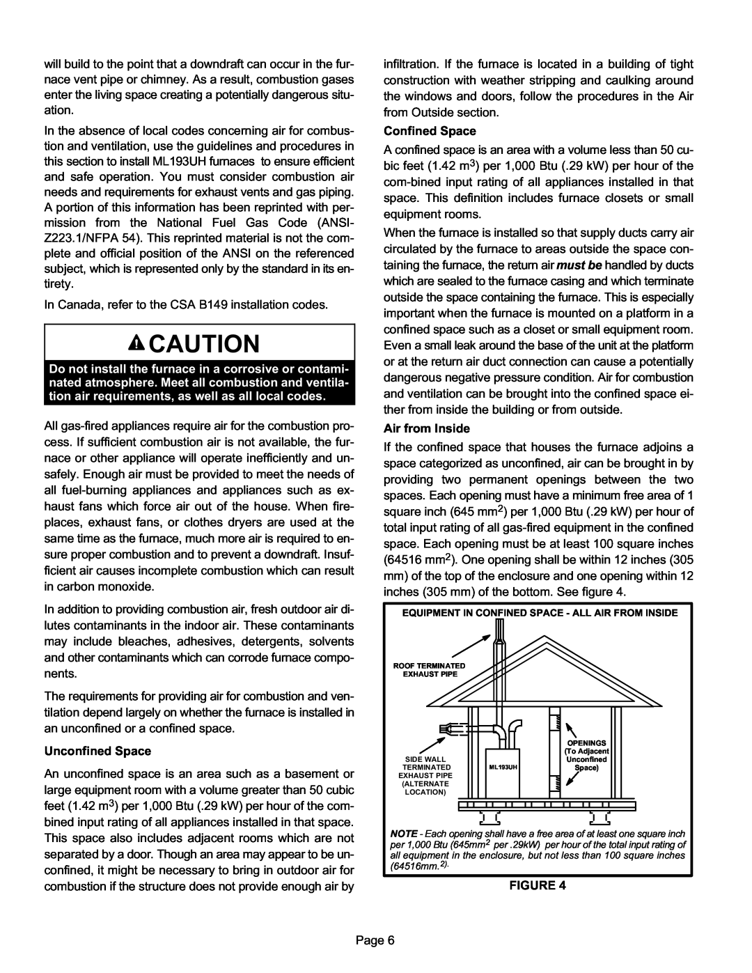 Lennox International Inc ML193UH installation instructions Confined Space, Air from Inside, Unconfined Space 