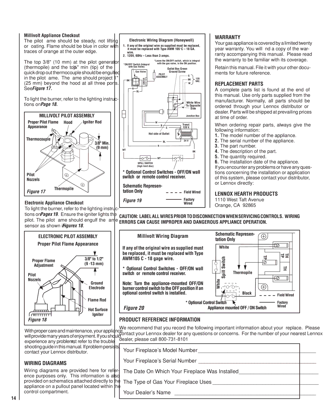 Lennox International Inc MPB35ST-NM manual Warranty, Replacement Parts, Lennox Hearth Products, Wiring Diagrams 