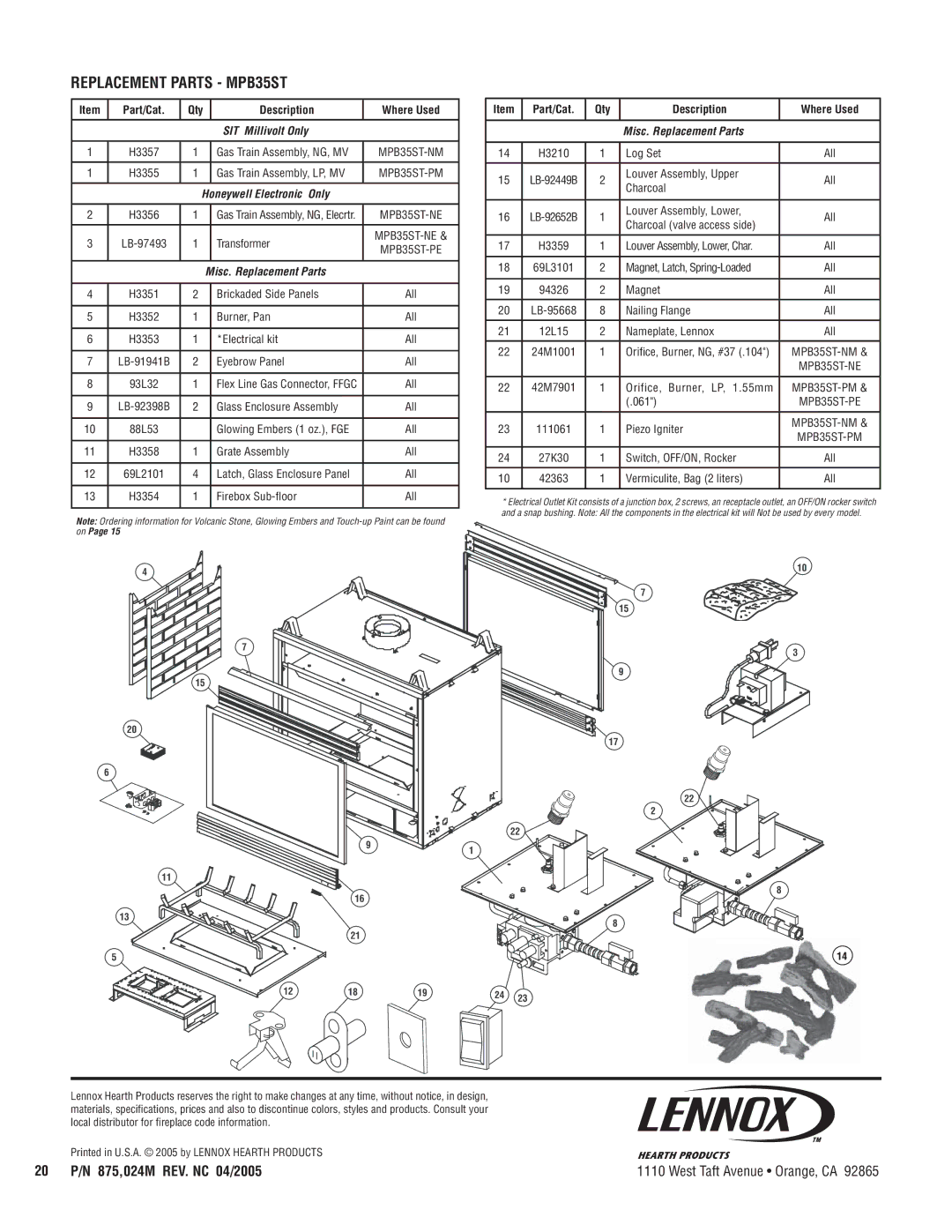 Lennox International Inc MPB35ST-NM manual Replacement Parts MPB35ST, 20 P/N 875,024M REV. NC 04/2005 