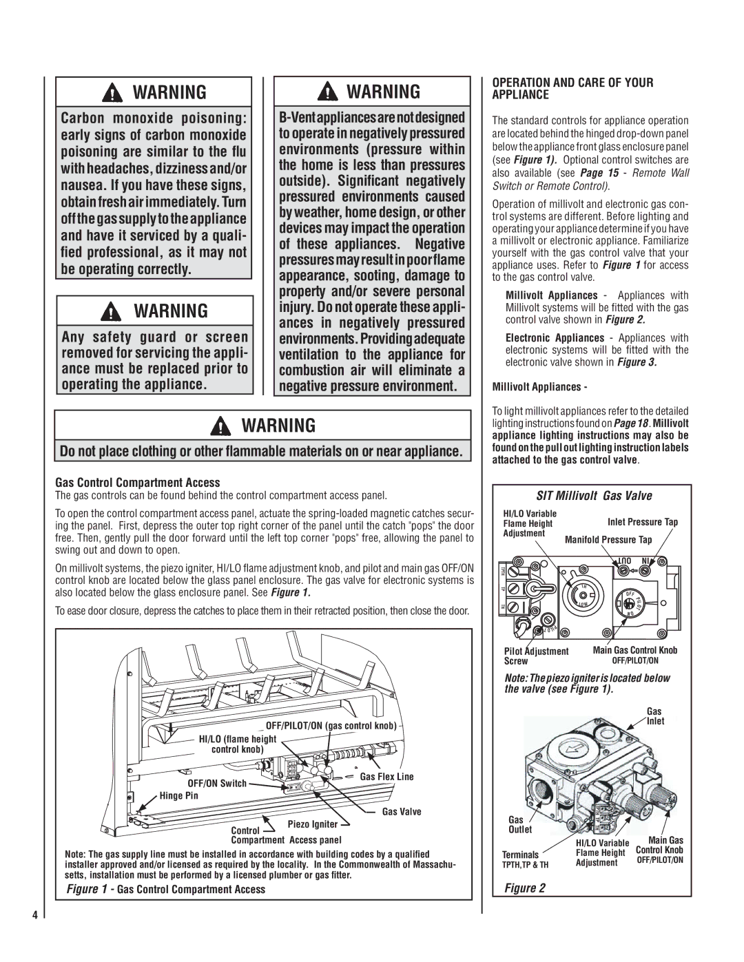 Lennox International Inc MPB35ST-NM manual Operation and Care of Your Appliance, Millivolt Appliances, SIT Millivolt 